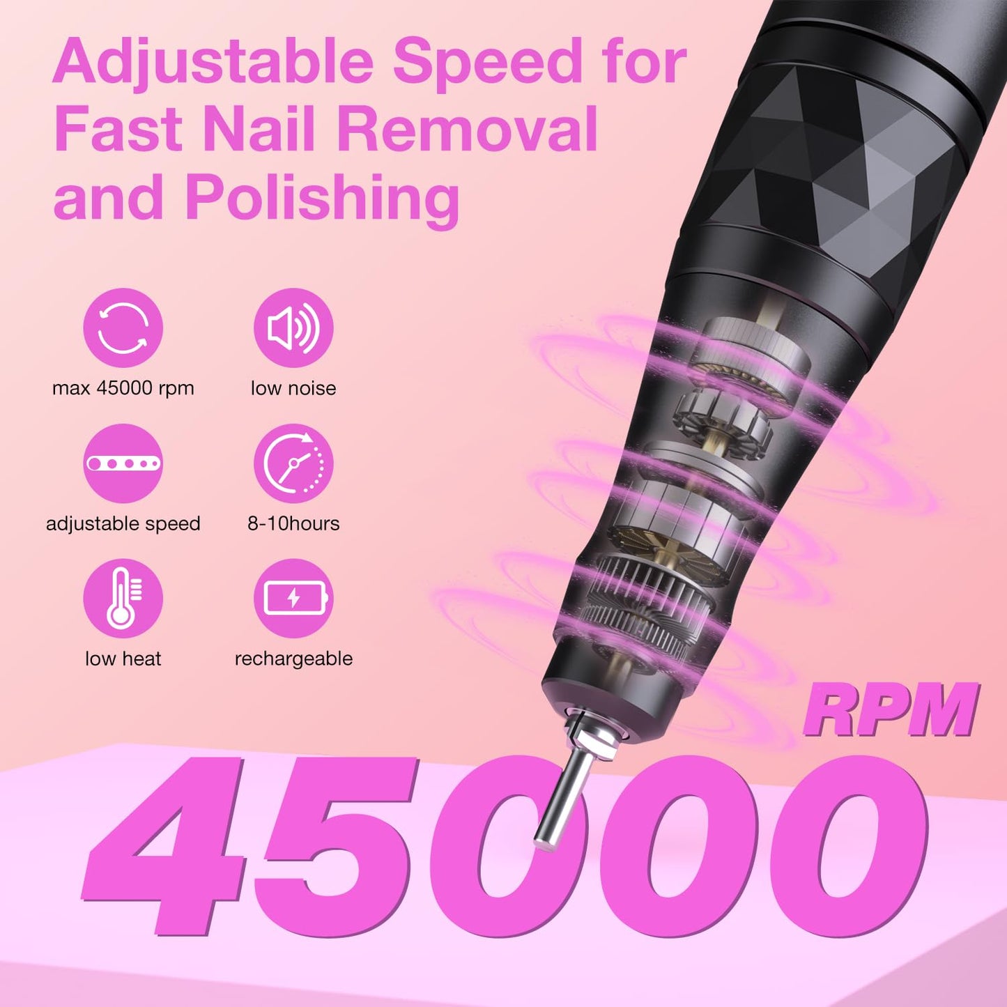 Electric Nail Files, 45000 RPM Professional Nail Drill for Acrylic Nails Gel, Adjustable Speed E File for Nails, Cordless Rechargeable Nail Drill Kit for Manicure Salon Home