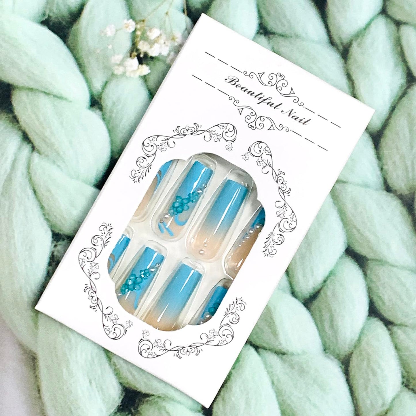 FIEONCIY Press on Nails Coffin Long Blue Glossy Full Cover Acrylic Square French False Nails with Floral Pearl Designs Artificial Ballerina Fake Nails with Charm Glue Stick on Fingernails for Women