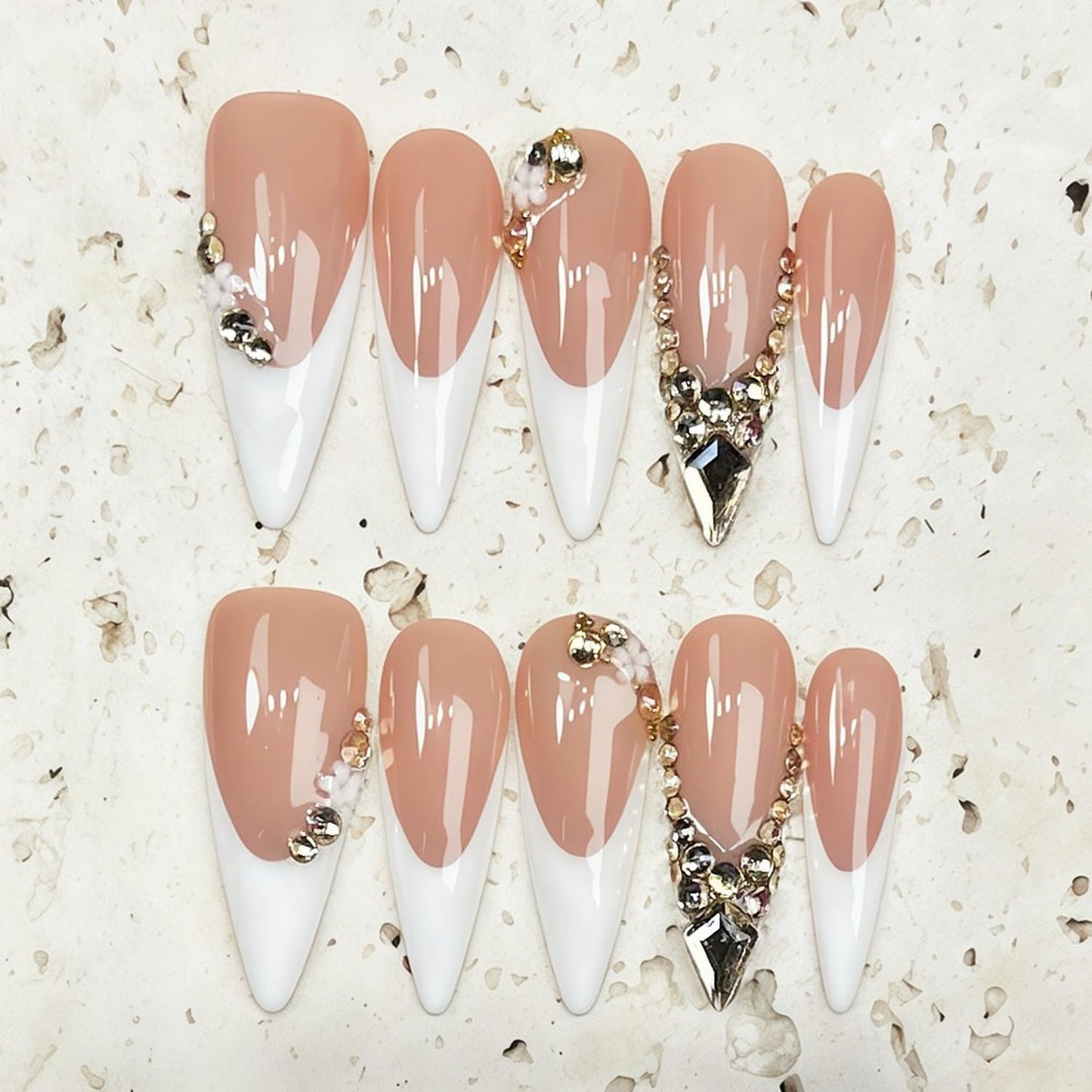 Handmade White French Press on Nails Long Stiletto False Nail with 3D Rhinestone Designs Handmade Flower Fake Nails Muti-Layer Gel Acrylic Nail Full Cover Stick on Nails for Women（M)
