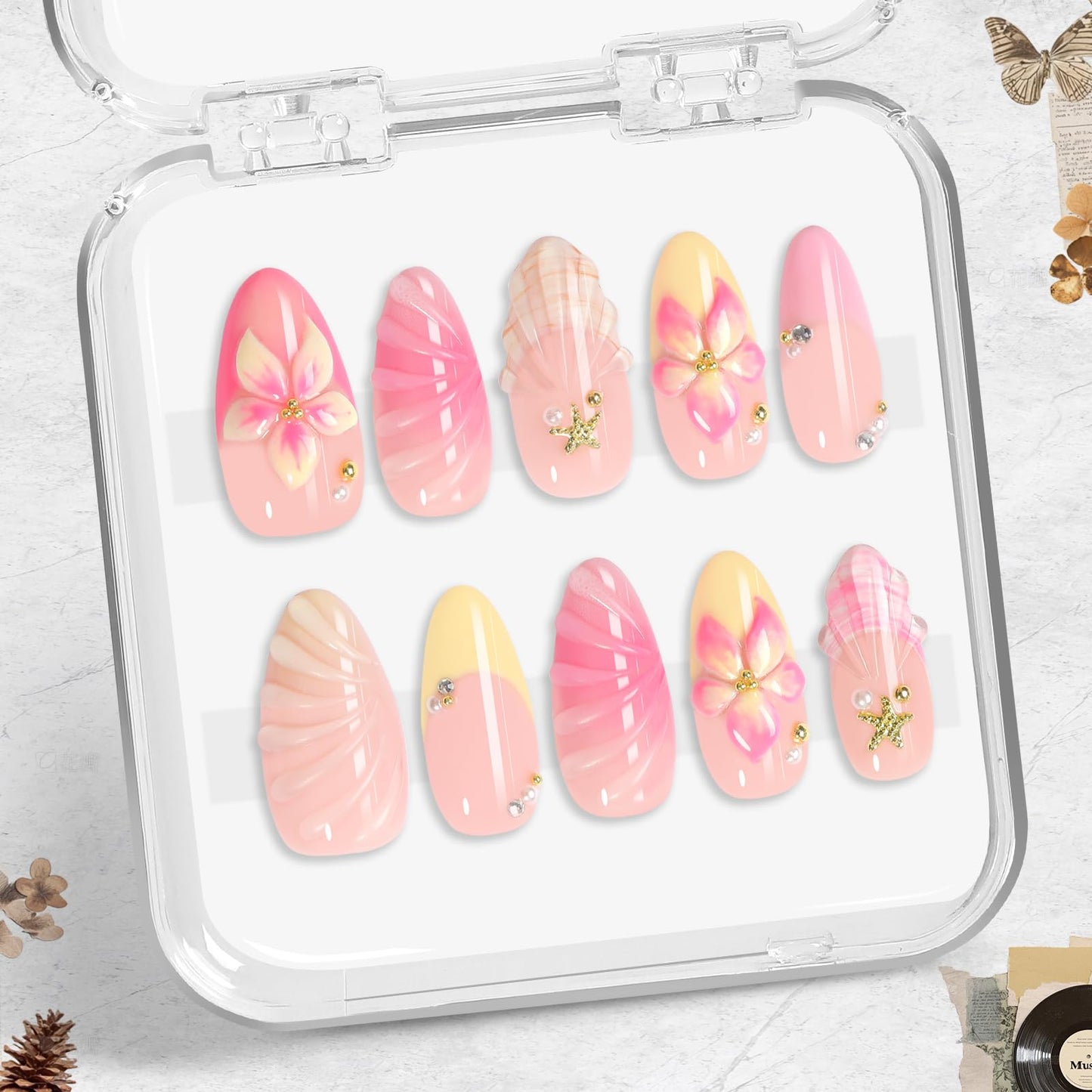 Pink Almond Press On Nails, Handmade 3D Jelly Flower Starfish & Pearl Design, Cute Sweet Summer Beach 10pcs Acrylic Nail Set, Glossy Reusable for Vacation, Holiday & Birthday - Appife