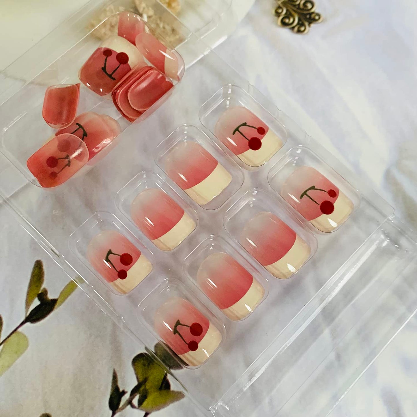 Press on Nails French Tips Short Square Full Cover Reusable False Nails Kits Glue on Nails with Cherry Designs Artificial Glossy Fingernails Acrylic Fake Nails for Women Stick on Nails Coffin Shape