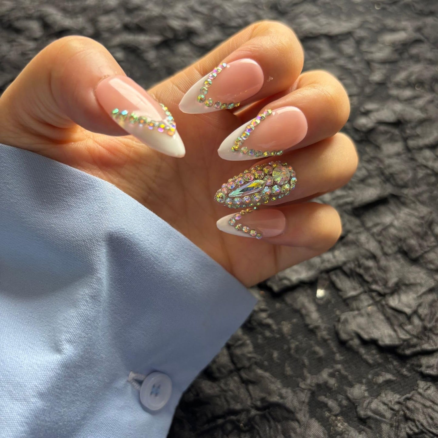 AKA Unicron French Tip Press On Nails Short Almond Handmade Acrylic Fake Nails Press Ons with Shining Rhinestones Charm Design,Nail Charm Nature Lasting Stick On Woman Fingernails