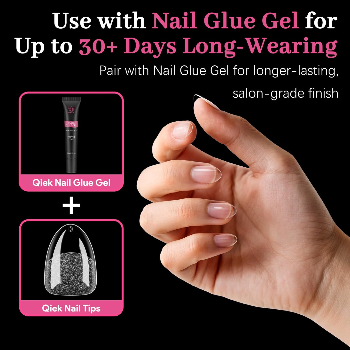 QIEK 450PCS Short Almond & Round & Square - 3 Styles Nail Tips, 70-Grit Pre-Etched Press On Nail in 15 Sizes, Fake Nail Extension Kit for Acrylic Gel Nail Art DIY Salon