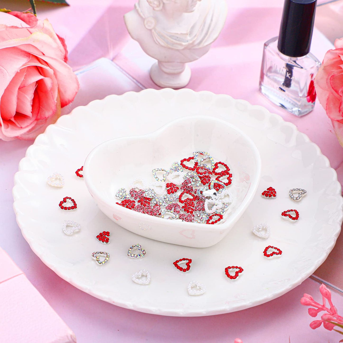 60 Pieces Valentines Day 3D Heart Nail Charms Heart Rhinestone Art Decals Love Crystal Gems Alloy Diamonds Decor for Valentine‘s Day Women DIY Nail Jewelry Accessories(Novel Style)