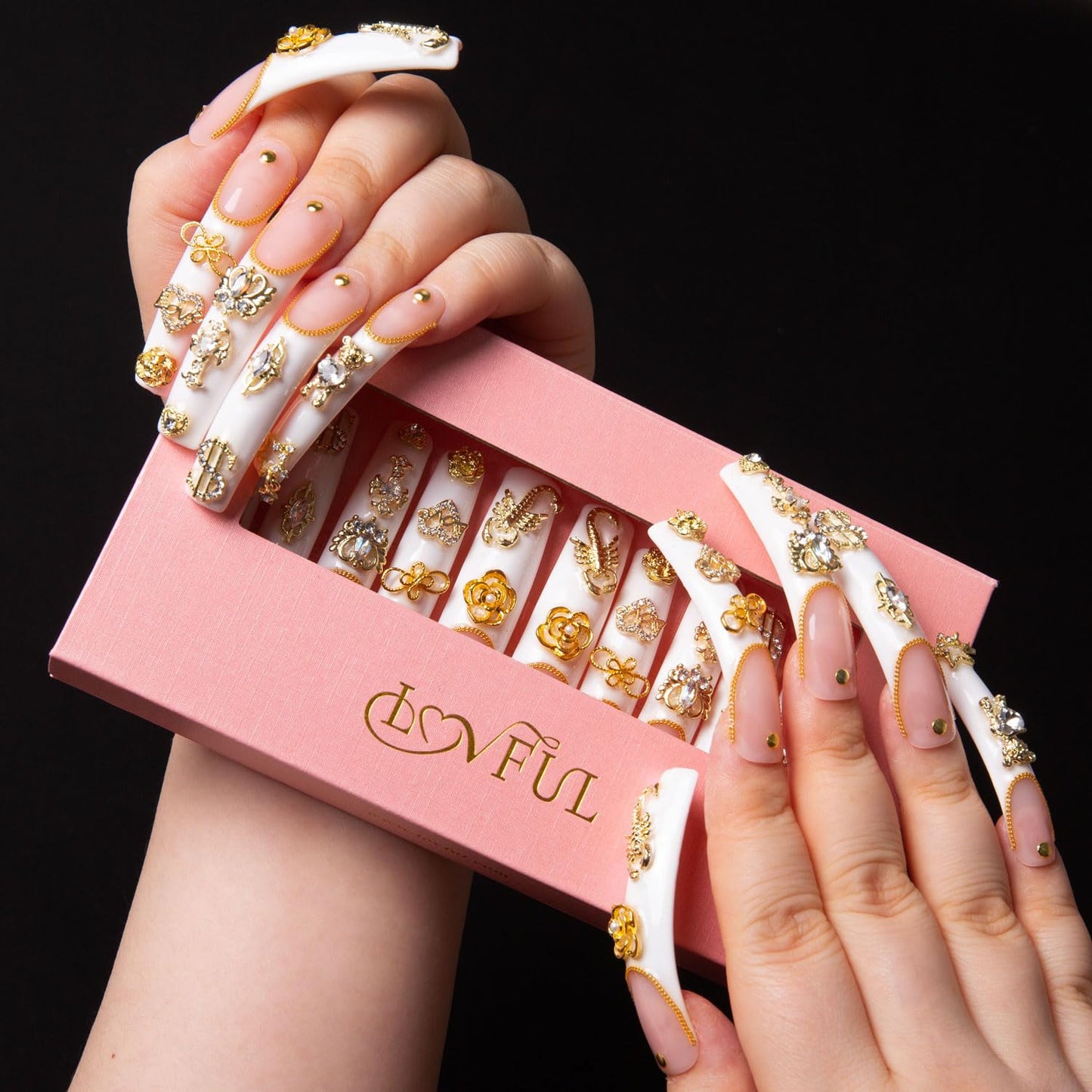LOVFUL Press on Nails Chicago | Handmade with Full Covered Crystals | Reusable Fake Nails | Curve Long 2.2 in | H189-L