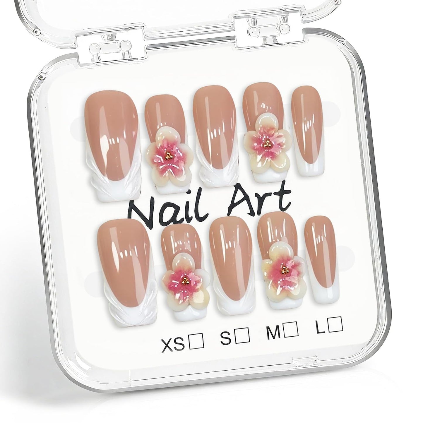 Handmade Press on Nails Long Square White French Tip Thick Acrylic Fake Nails 3D Flower False Nail with Embossed Designs Elegant Sturdy Nail Art Press on Nails Multi Gel Stick on Nail 10Pcs (M)