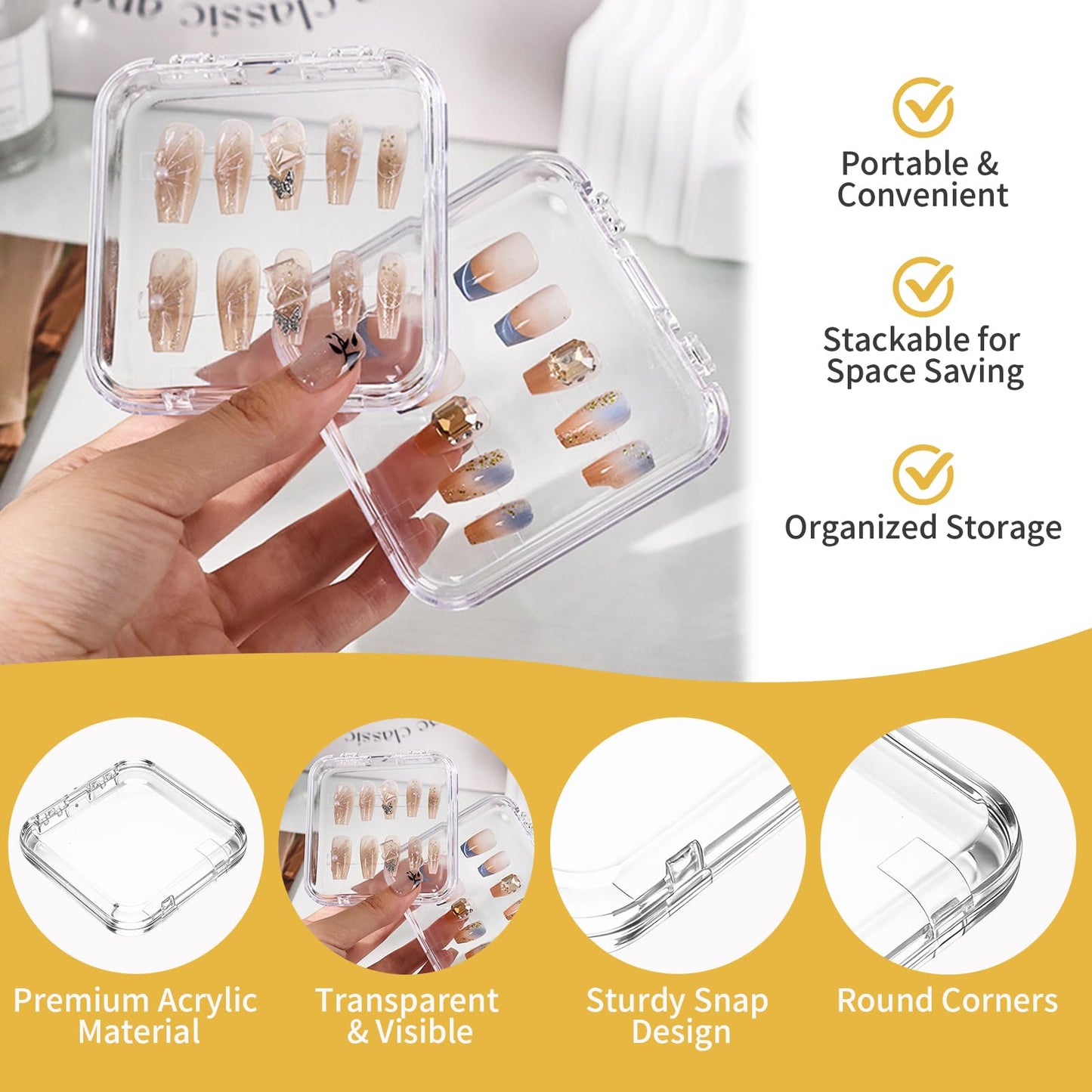 60 Sets Press On Nail Storage Box with Double Sided Adhesive Tapes, 3x3 Inch Clear Artificial Nail Display Case Reusable Nail Packaging Box Organizer for Salon, Technicians, Manicure Enthusiasts