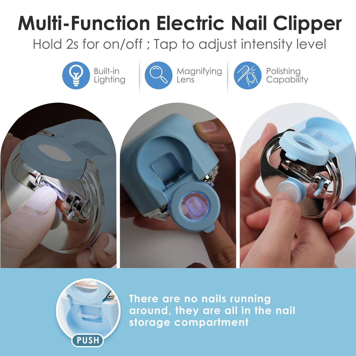 Electric Nail Clipper, Upgraded 4-in-1 Automatic Nail Trimmer with Magnifier, LED Light, Polisher & Dust Storage, 3 Speeds Nail File Clipper for Baby, Kids, Adults, Seniors, USB-C Low Noise (Blue)