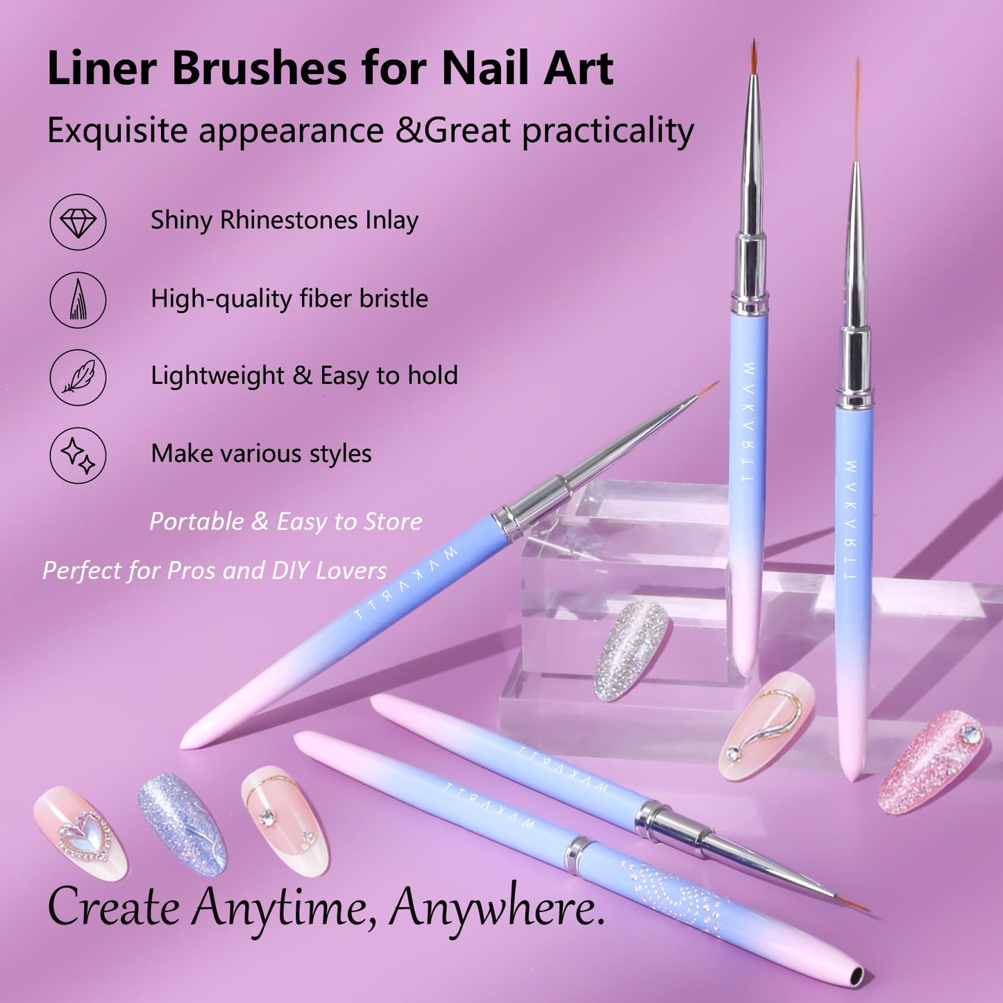 Makartt Nail Art Brushes Set: 5pcs Liner Brushes 7/9/11/15/25mm Thin Nail Art Design Brush with Cap Nail Polish Brush for Builder Gel 3D Nail Gel French Tip Tool Nail Painting
