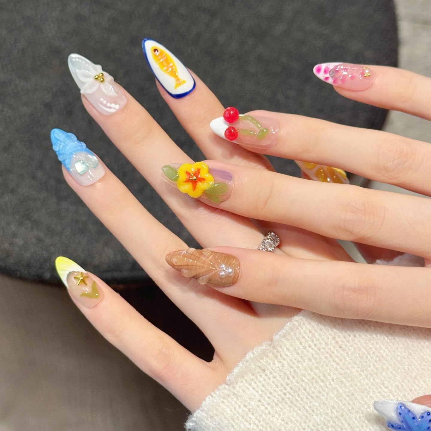 Handmade Press On Nails-3D Almond Carved Cherry Summer Seashell Starfish Island Resort Style,Wedding Prom And Festival Traving Gift,Thick Acrylic and Muti-Layer Gel Reusable False Nails (L)