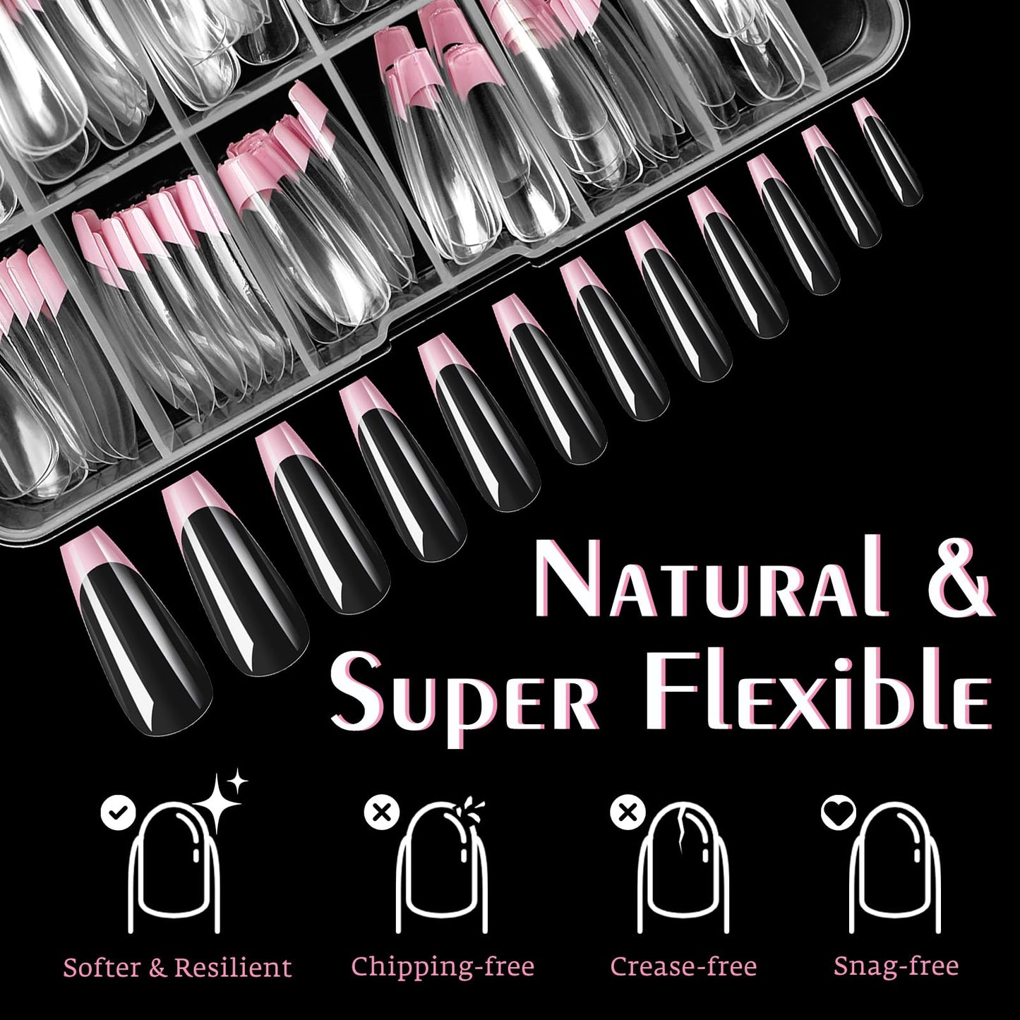 Bellelfin Pink French Tip Press on nails Long Coffin Fake Nails, 120PCS Coffin Nail Tips Long French Tip Nails, Clear Acrylic Nail Press on Full Cover False Nail