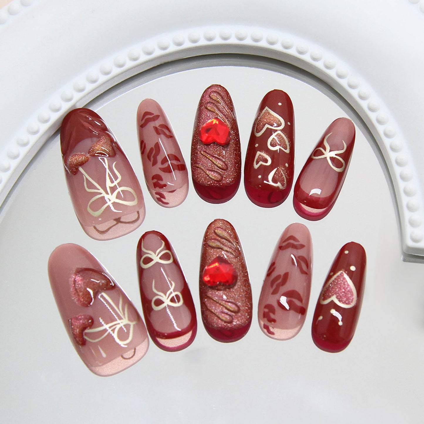 24pcs red Press on Nails Medium Almond Fake Nails with Luxury Glitter Love Heart Gems Design Fashion Retro Red Almond False Nails Ins Simple Red Festive Holiday Nail Manicure for Women Acrylic Nail