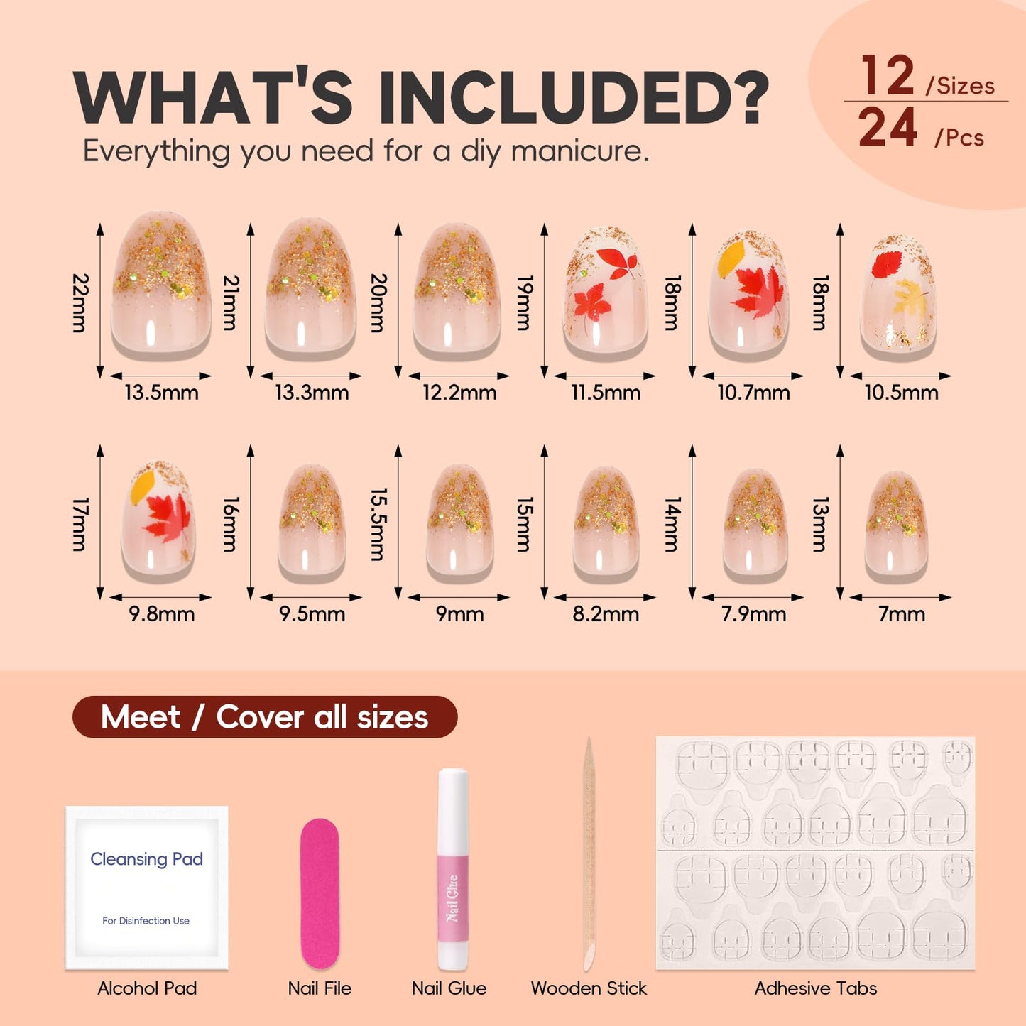 HOSAILY Fall Press-on Nails Extra Short Oval, White Ombre Gradient Base with Red Maple Leaf & Gold Glitter Design, 24pcs Autumn Cute Full Cover Stick on Acrylic Fake Nails with Glue Women Daily Wear