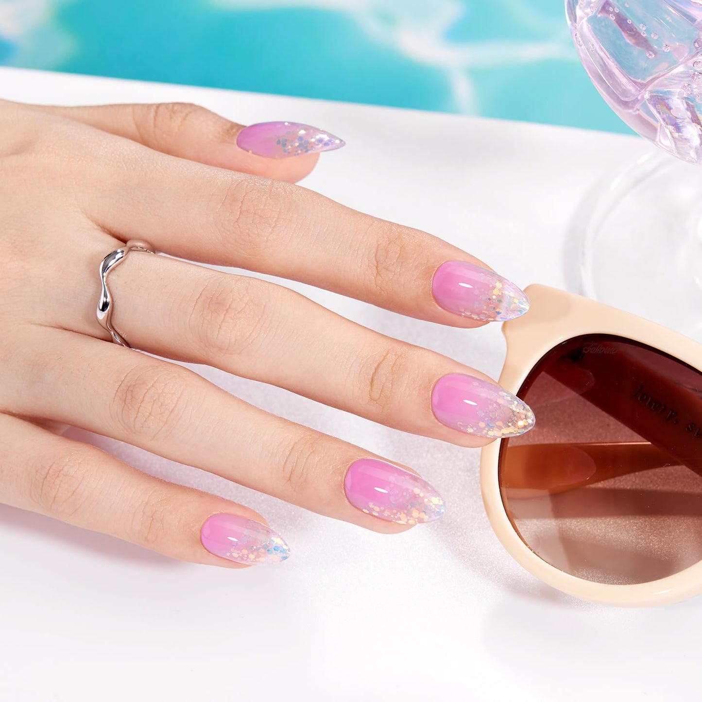 VSALON Almond Short Press On Nails, Summer Pastel Pinky Purple Ombre Blue Sparkle Confetti Sheer False Nails, Reusable Soft Gel Fake Nails with Glue & Cuticle Oil - 32 PCS in 16 Sizes
