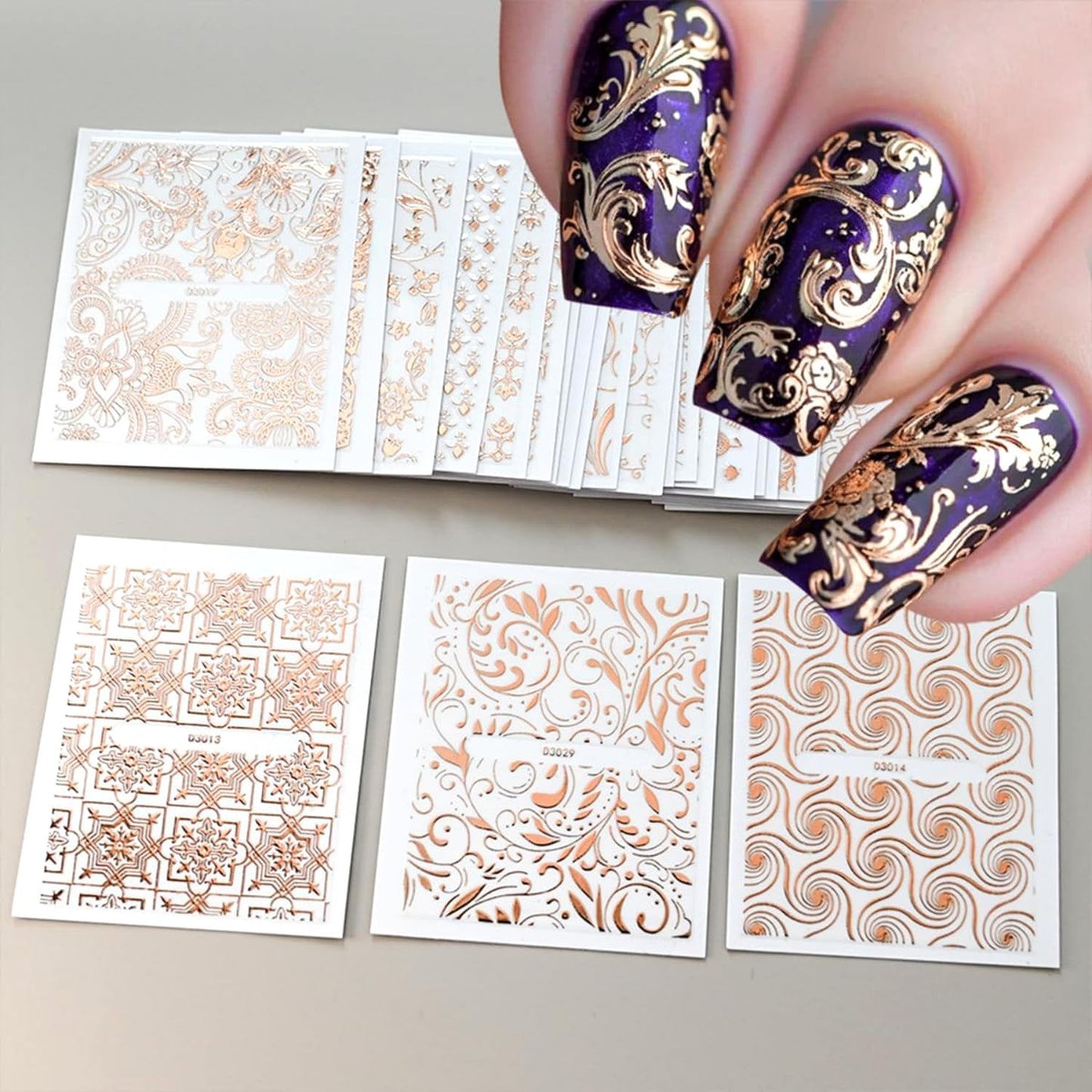 30 Sheets Rose Gold Nail Art Stickers Hollow Retro Floral Vine Design Self Adhesive Nail stickers Gold Line Nail Art Decals for Acrylic Nail decals Women and Girls Nail Supplies Decoration Accessories