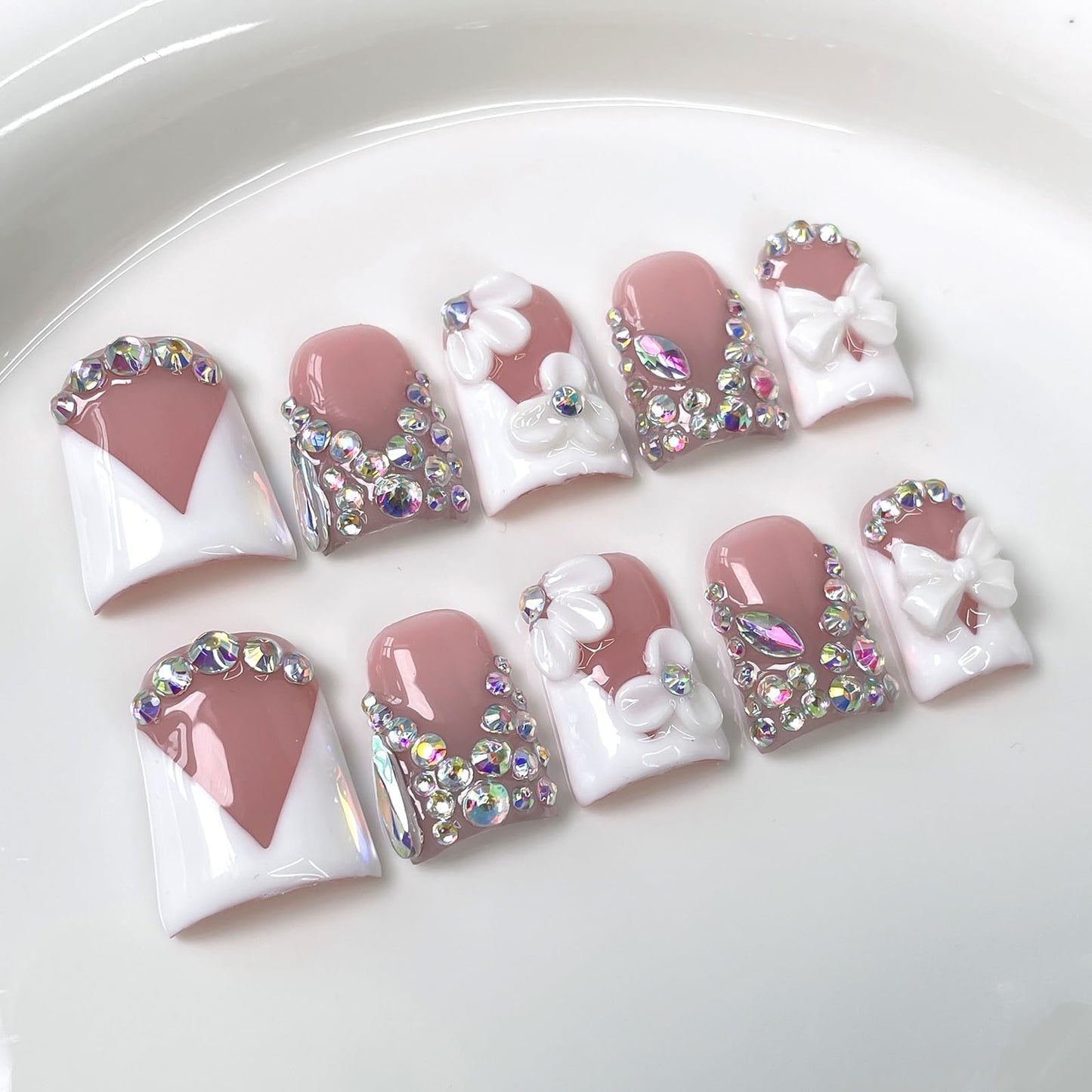 10Pcs Short Duck Press on Nails Handmade Fake Nails French Tip False Nails with 3D Flower Bow Rhinestone Design Handmade Acrylic Nails Press ons Spring Summer Flower Stick on Nail for Women (M)