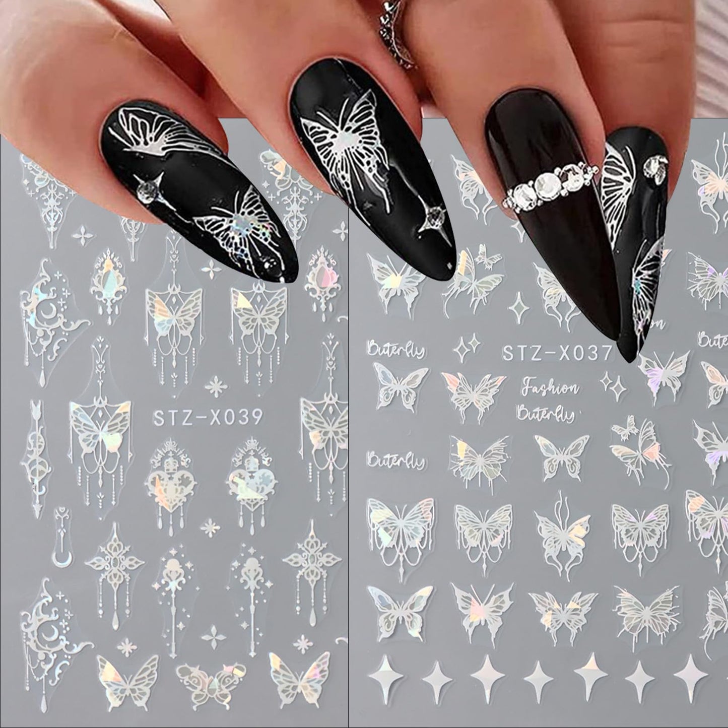 6Sheet Shiny Butterfly Nail Art Sticker,3D Holographic Black Pink Butterfly Nail Stickers Embossed Pendant Design Nail Decals Stars Heart Nail Sticker for Women DIY Nail Art Decoration