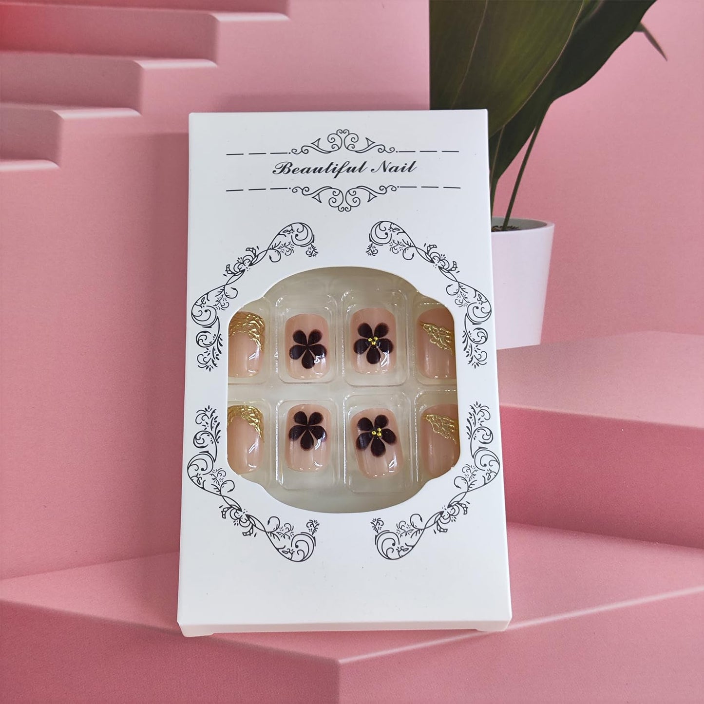 Gold French Tip Press on Nails Short Square Fake Nails with Flower Leopard 3D Designs Floral Glue on Nail Reusable Artificial Acrylic Extra Short Full Cover Stick on Nail for Luxury Women 24 Pcs