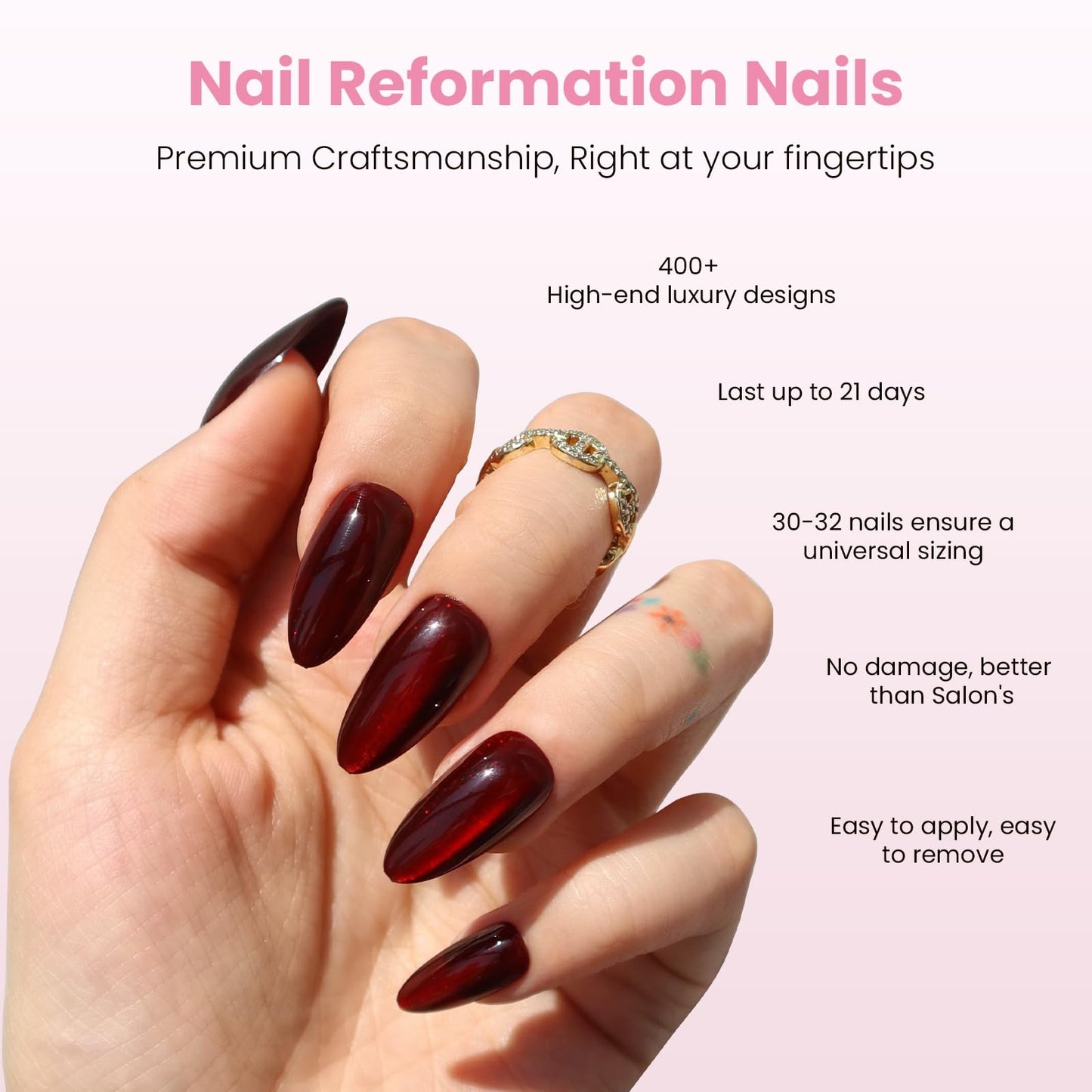 Nail Reformation Press On Nails, Burgundy Red Medium Almond Fake Nails with Cat Eye Velvet Finish, Natural Reusable Opaque Stick On Nails in 15 Sizes - 30 Nail Kit with Glue, Manicure Gifts for Women