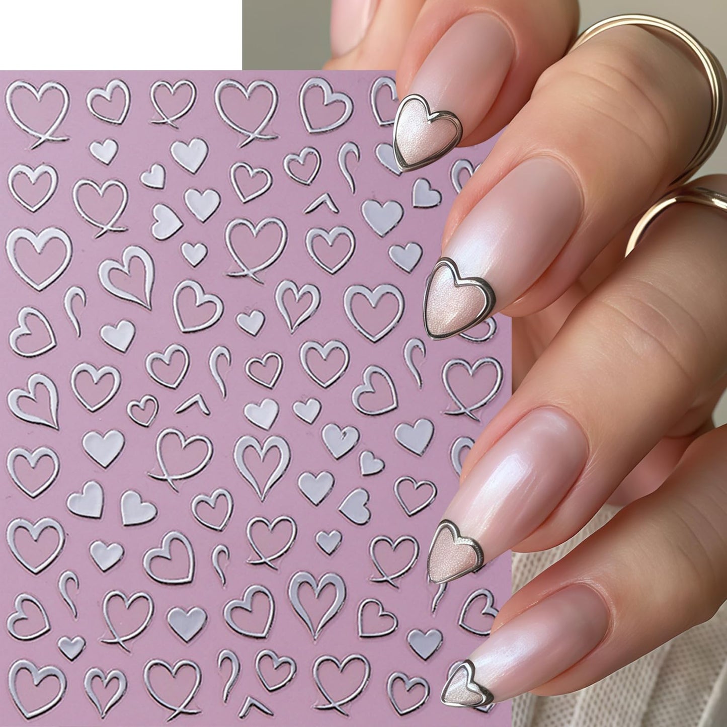 6 Sheets Heart Nail Art Stickers Valentines Nail Decals Self-Adhesive Red Silver Gold Peach Hearts Nails Stickers Hollow Heart Love Sticker Nail Supplies for Women Holiday Acrylic Nails Decoration
