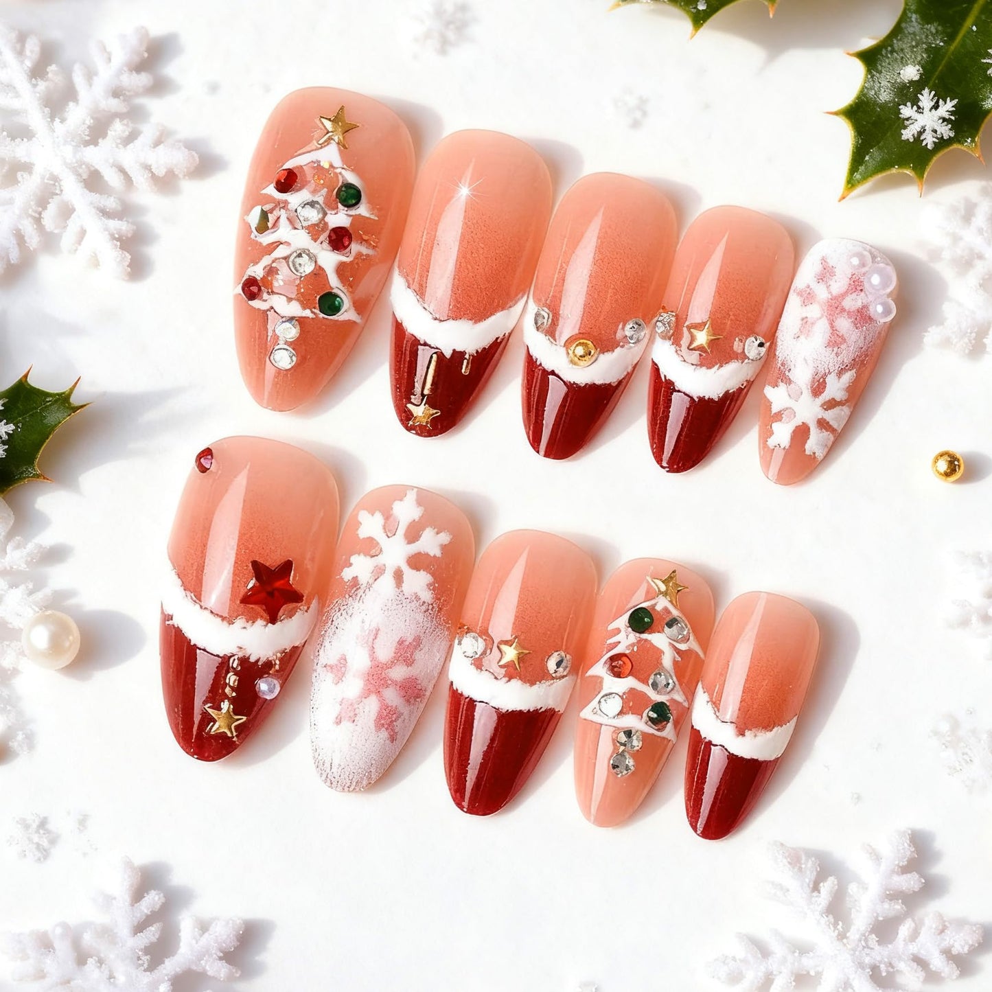 Christmas Handmade Red French Tip Press on Nails Medium Almond Fake Nails with 3D Christmas Tree & Rhinestone Designs Snowflake Pearl Winter False Nails Holiday Manicure Kit for Women 24Pcs