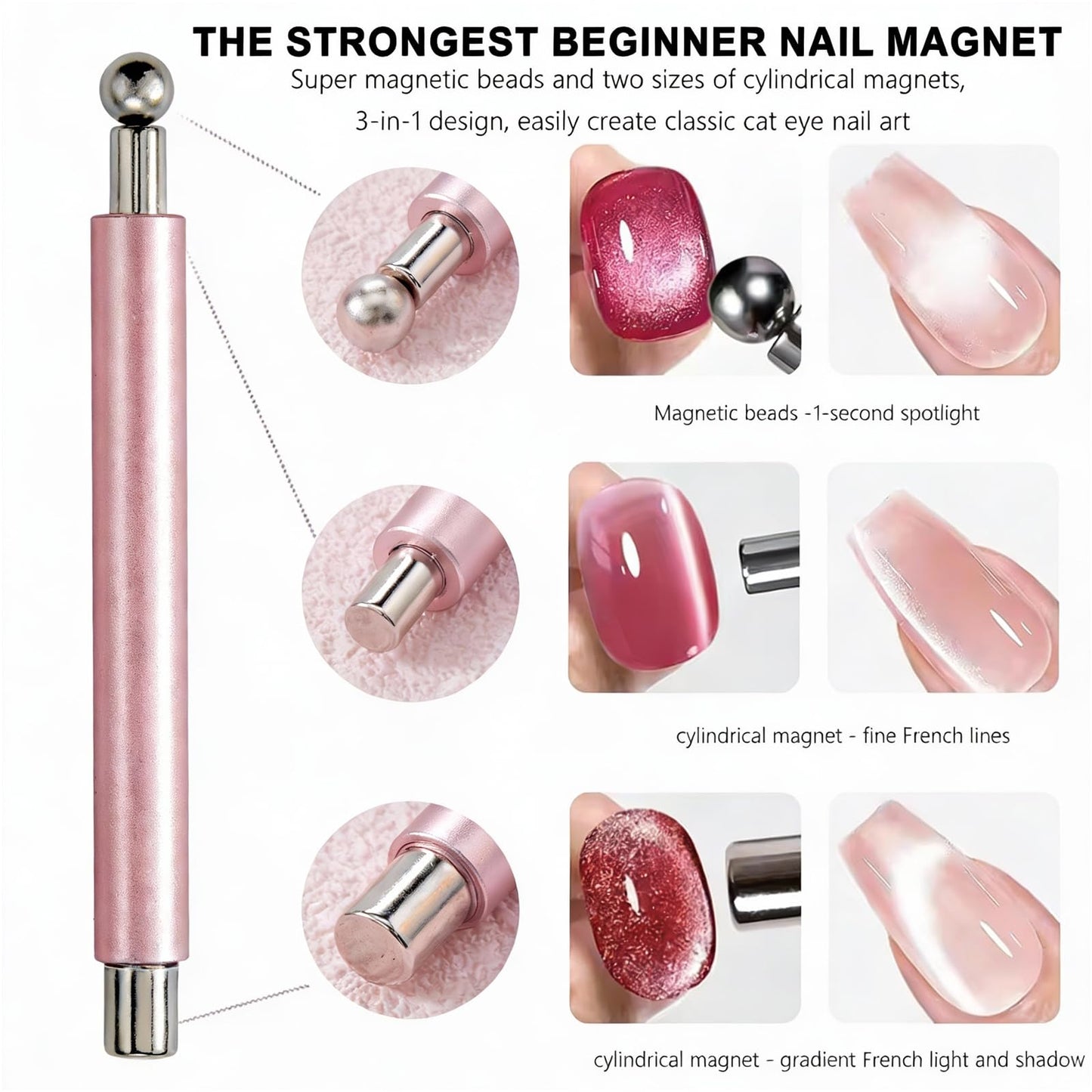 YECIRALA 2 Pcs Nail Art Cat Eye Magnets with Y&O-Shaped And Bunny Molds For Nails, 3 In 1 Versatile And Cylinder Nail Magnet Tools For Cat Eye Gel Polish Magnets, Heart, Lines & Hole Cateye Magnets
