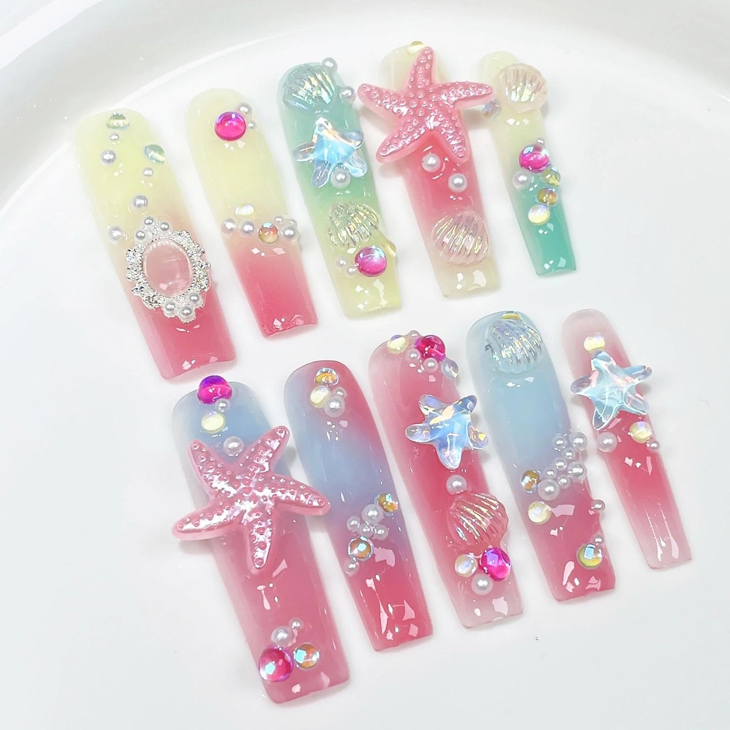 Handmade 3D Ocean Style Starfish Shell Stiletto Press On Nails, Sweet Element Gradient Artisan Nails Set, Reusable Glossy Press-ons with Tool Kit(S)