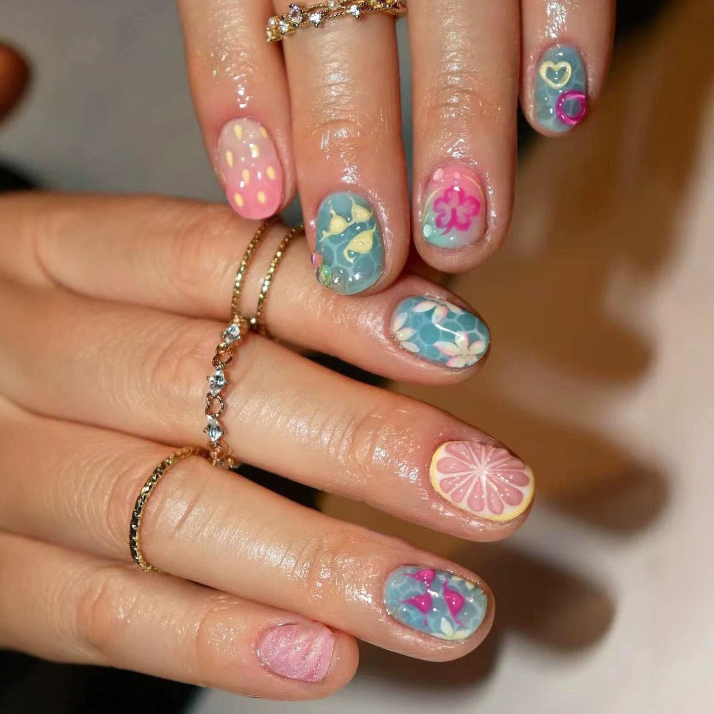 Square Press on Nails Short Fake Nails with 3D Lemon Love Water Drop Flower Designs Nails Press ons Blue Pink Glue on Nails Glossy Acrylic Nails Cute False Nails Summer Stick on Nails for Women 24Pcs