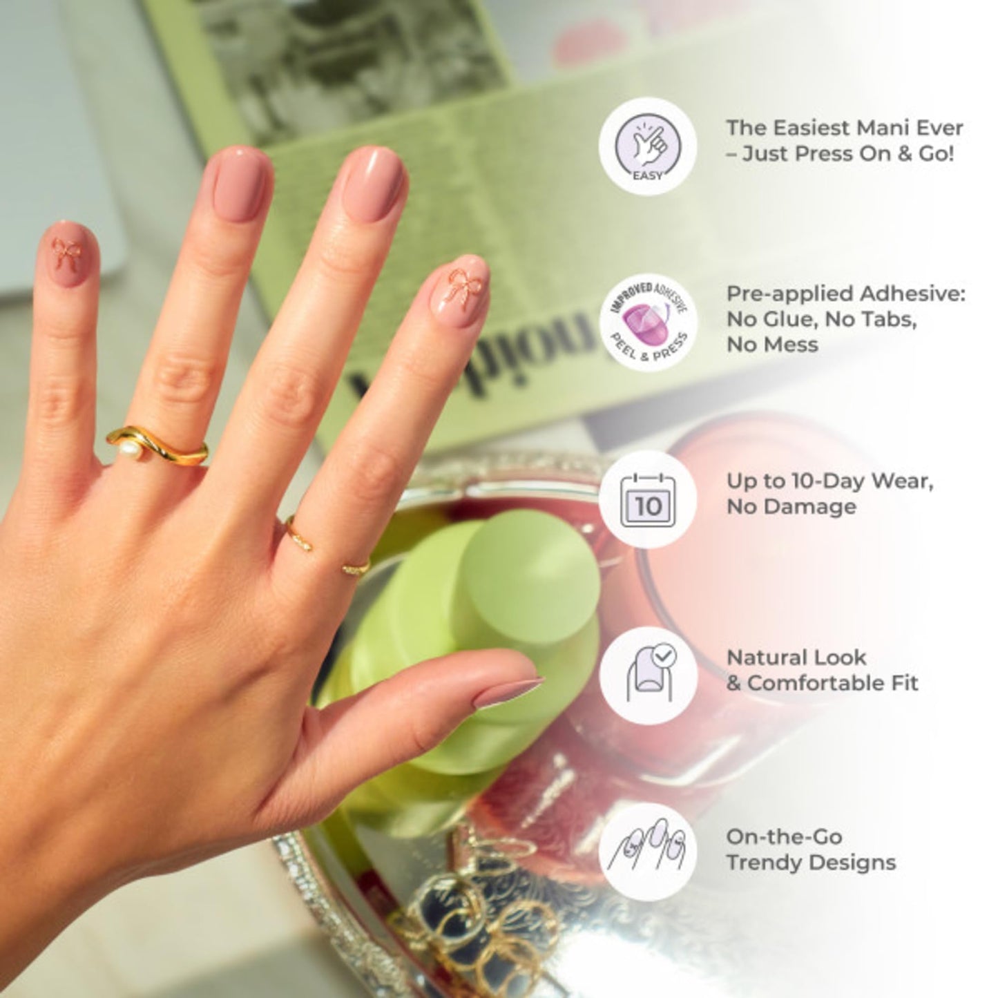 Kiss Impress No Glue Mani Press On Nails, Design, 'Wild Venus', Pink, Medium Size, Almond Shape, Includes 30 Nails, Prep Pad, Instructions Sheet, 1 Manicure Stick, 1 Mini File