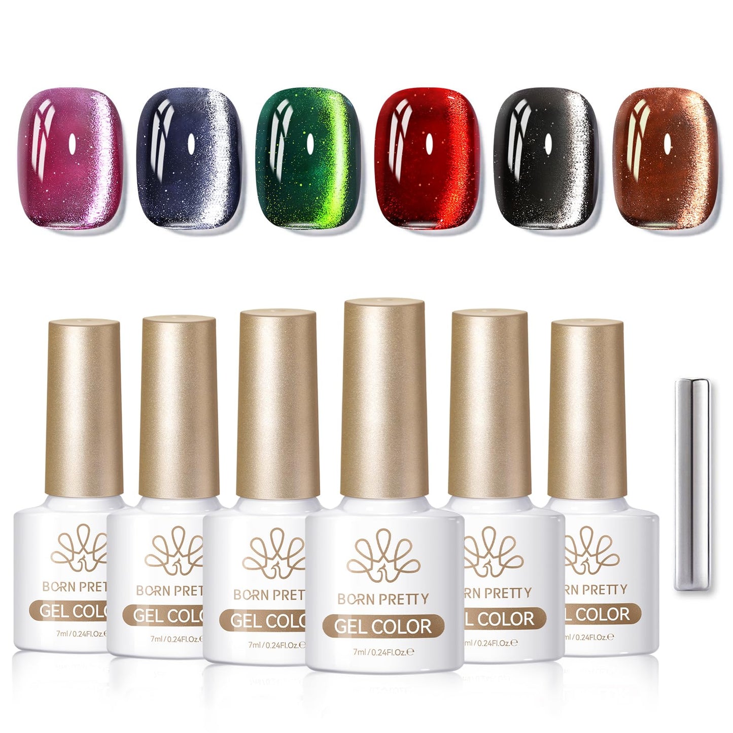 Born Pretty 6 Colors Christmas Cat Magnetic Eye Gel Nail Polish Set,Fall Winter Red Green Brown Black Blue Shimmer Glitter Holographic Magnetic Soak Off U V Nail Gel DIY Art for Girls Women 7ML
