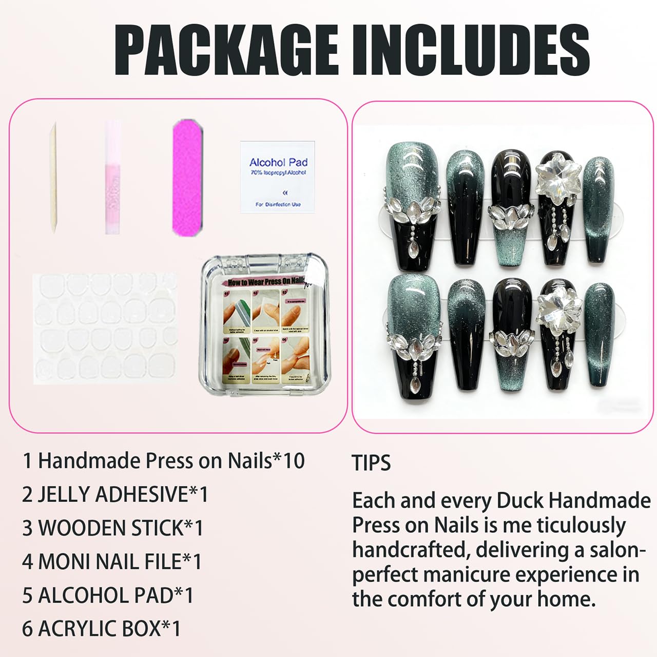 Handmade Press on Nails Square Luxurious Dark Green Gradient Cat's Eye with Heavy Gemstone Decoration Acrylic Nails Press on Handmade Nails Luxury Press On Nails(S)