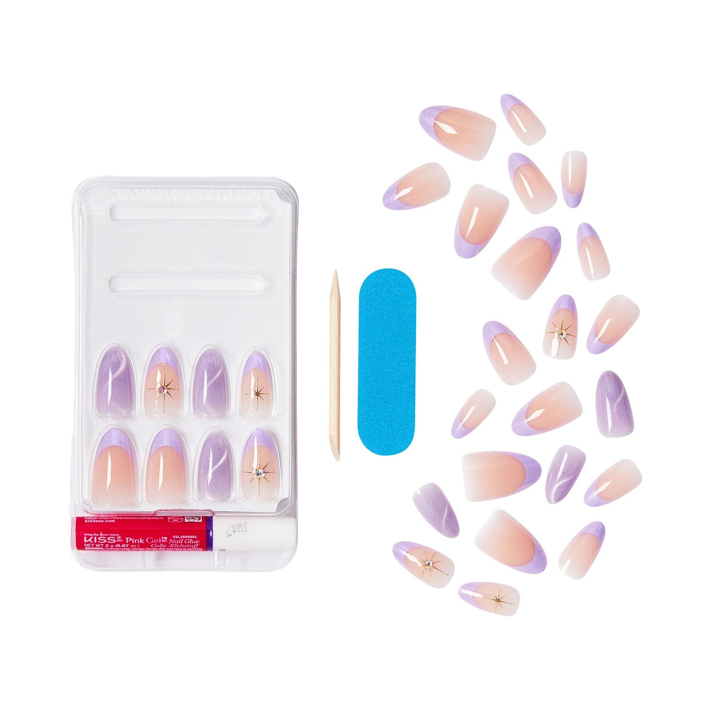 KISS X WICKED: FOR GOOD Press On Nails Almond, ‘Find Your Courage’, Purple, Medium, Waterproof, Chip Proof, Smudge Proof, 28 Fake Nails, Pink Gel Nail Glue (2g), Mini Nail File, & Manicure Stick