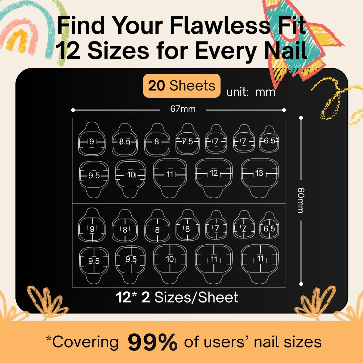 SnypeeLab XS 480PCS 12 Sizes Kids Nail Adhesive Tabs - 0.3mm Ultra Thin Gentle Formula Press On Nail Stickers for Children, Strong Hold for School & Sports