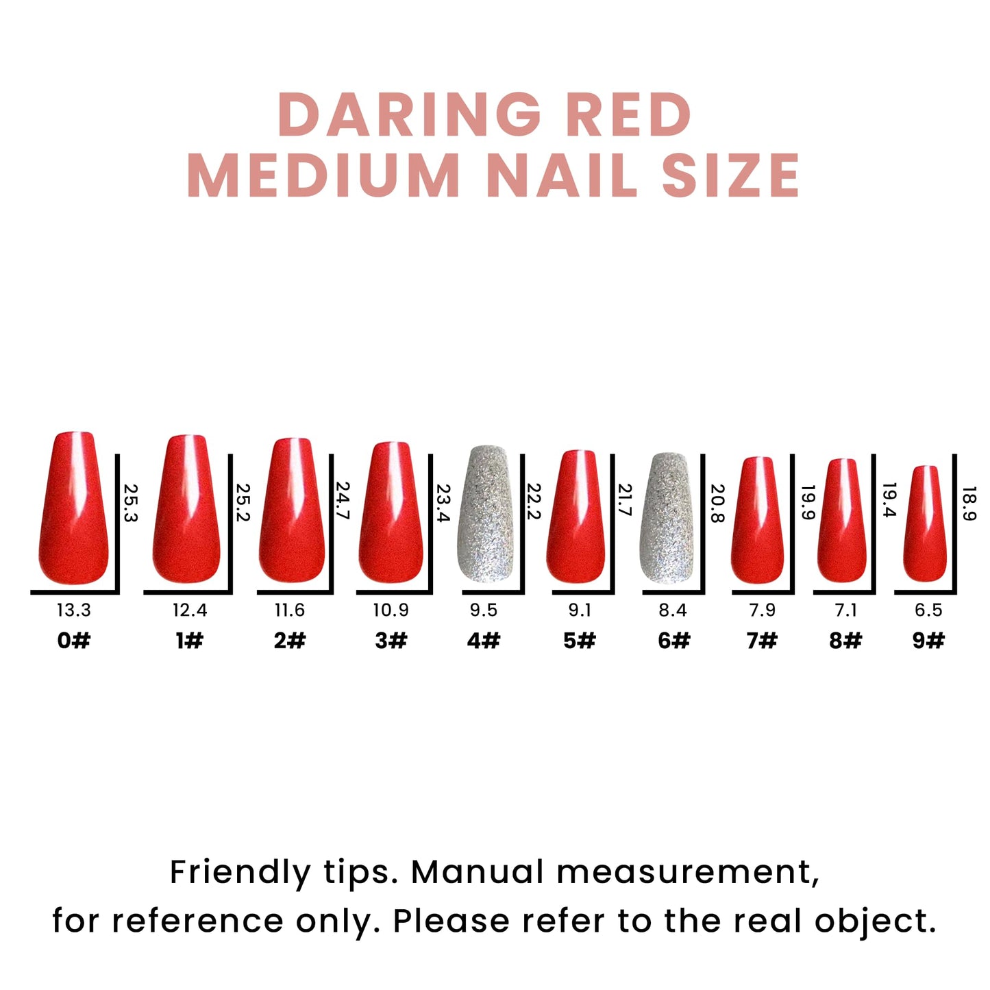Allkem Press On Nails |Daring Red Medium Long Tapered Ballerina 10 sizes - 20 pcs Coffin Nail Kit with Glue