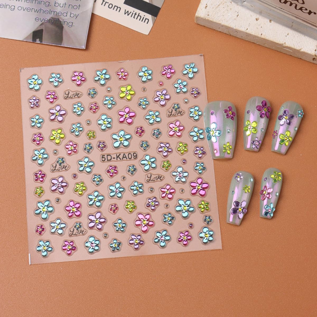 3Pcs Flower Nail Art Stickers 5D Embossed Summer Nail Decals Blue Green Pink Petal Flowers Designs Soft Gel Nails Sticker Spring Floral Self Adhesive Nail Art Supplies DIY Acrylic Nails Accessories