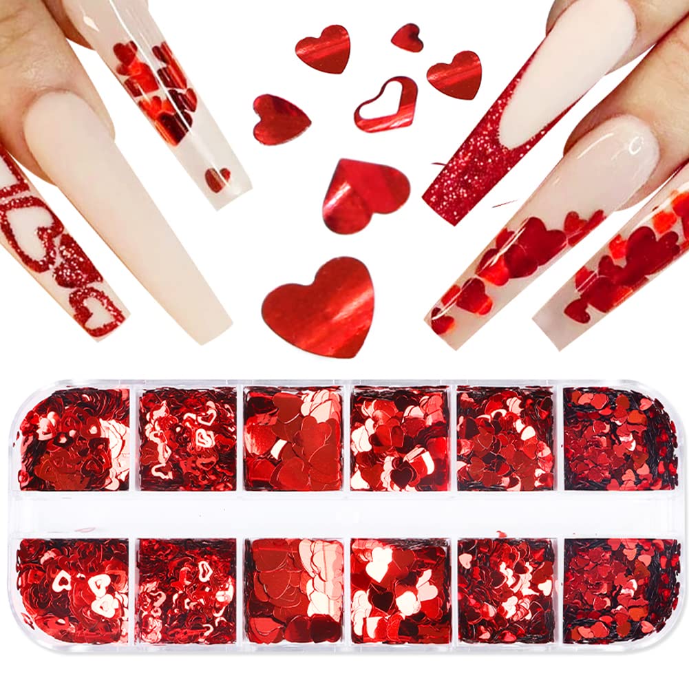 Heart Nail Art Glitters for Valentine Day Charms Nail Decorations Love Heart Nail Sequins Flakes,Holographic Red Hearts Nail Stickers for Acrylic Nails Supplies Valentine Manicure Accessories 12 Grids