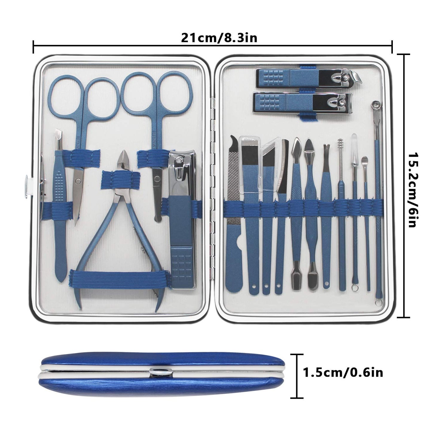 18 Pieces of Stainless Steel Nail Trimming and Beauty Kits - Nail Clippers, Nail Files, Tweezers, Nose Scissors, Eyebrow shavers, Ear Spoons, Blue Leather suitcases.