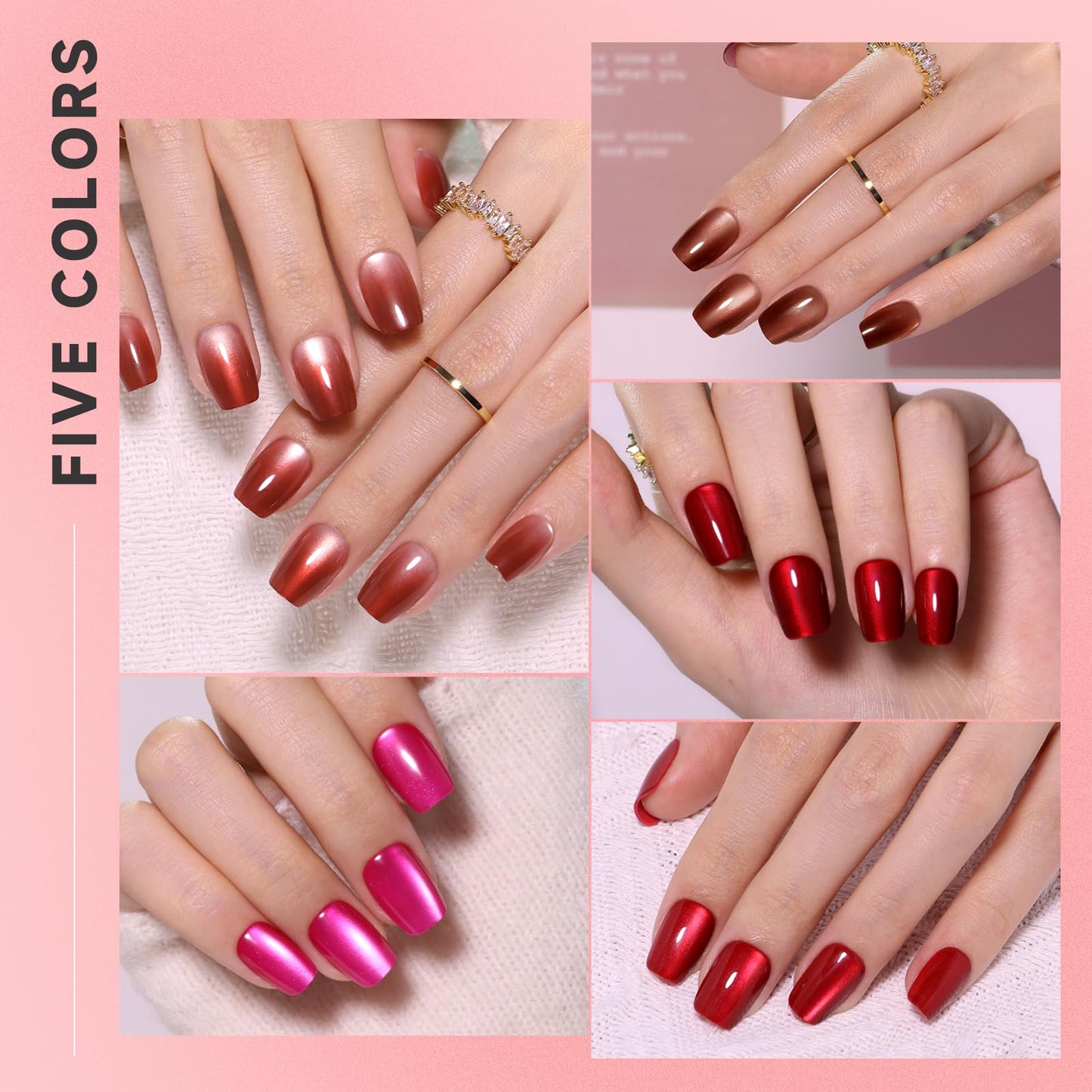 CUZIAM Red Cat Eye Press on Nails Short Square, 5 Color Light to Dark Cherry Red Magnetic Gel Nails with Heart Nail Stickers set for Women Valentine's Day, 150pcs Pre-Builded Fake Nails Manicure Kit