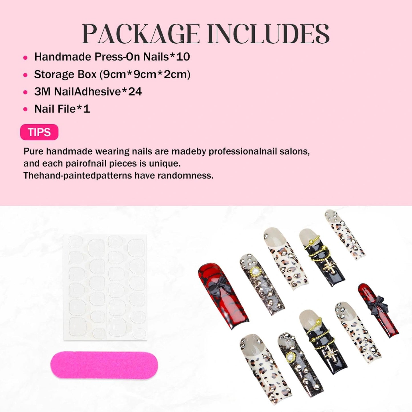 Handmade 3D Punk Retro Leopard Rivet Stiletto Press On Nails, Sweet Cool Rhinestone Artisan Nails Set, Reusable Glossy Press-ons with Tool Kit(S)