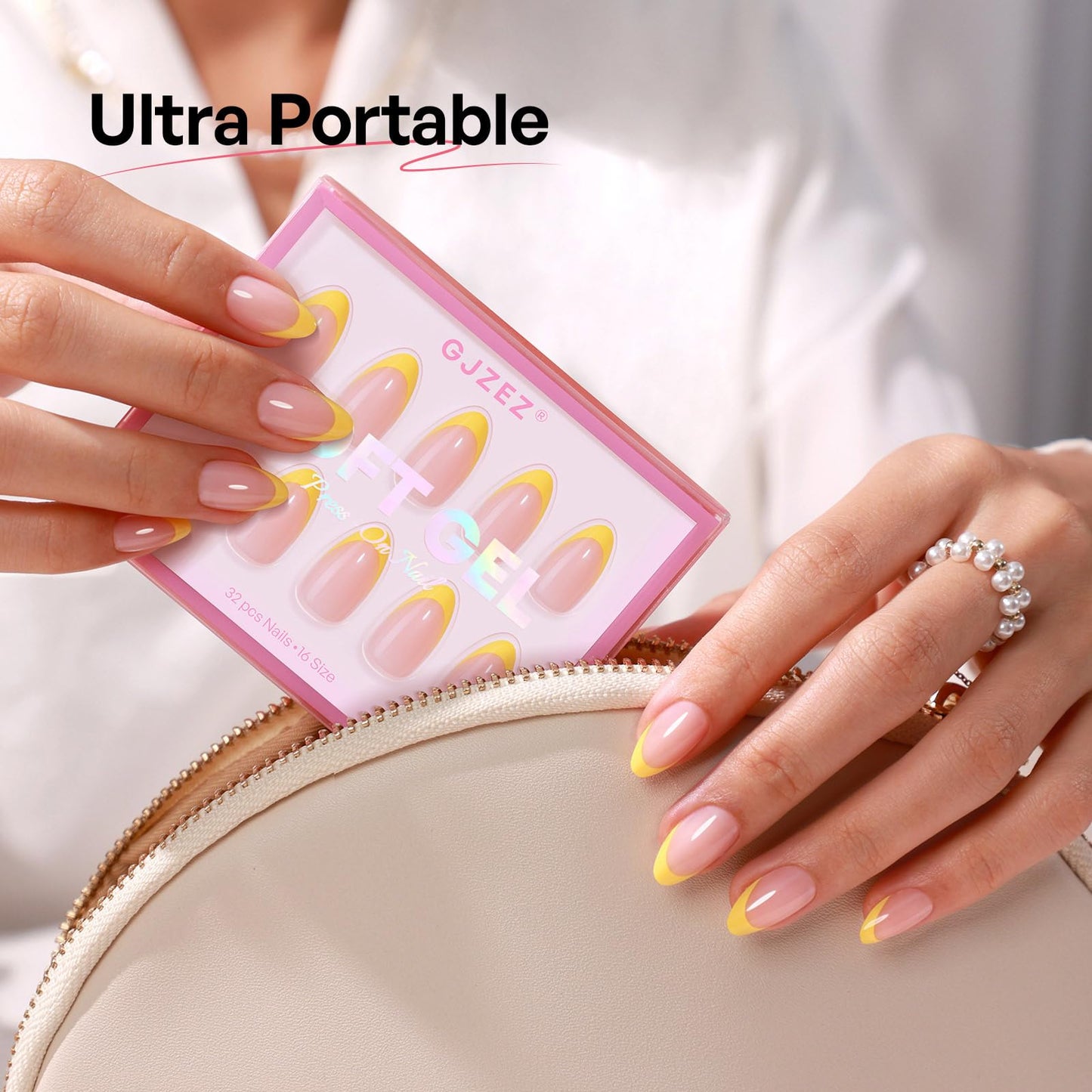 Yellow French Tip Press on Nails Short Almond - GJZEZ Soft Gel Cute Spring Golden Lemon Yellow Glue on Nails Press Ons | 16 Sizes - 32 pcs Long Lasting Salon Quality Reusable Fake Nail, Bright Beam
