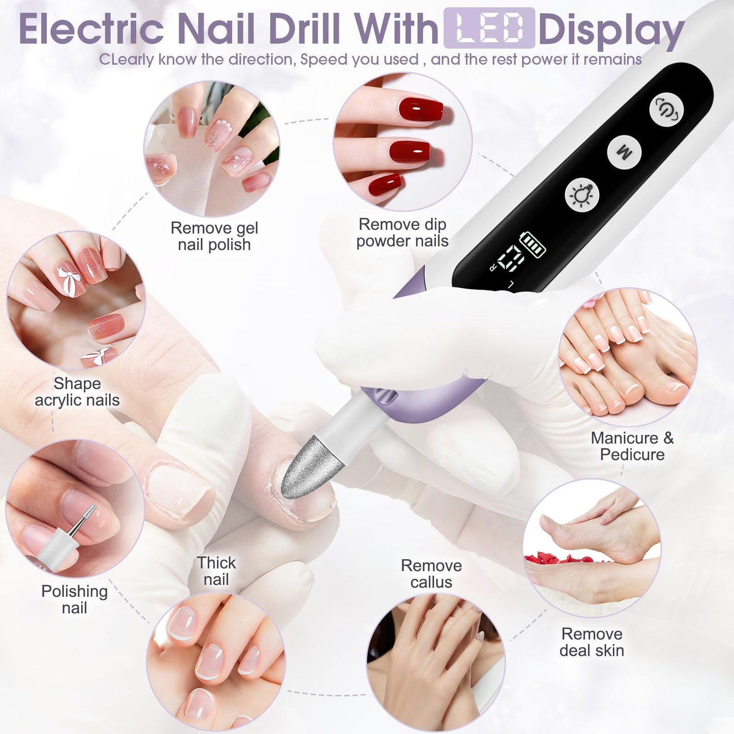 Professional Manicure Pedicure Kit with Case, Cordless Electric Nail File Set with Memory Mode&10 Speed, Portable Nail Drill Pedicure Tools for feet, Hand Foot Care Tool for Thick Nail Toenail Cuticle