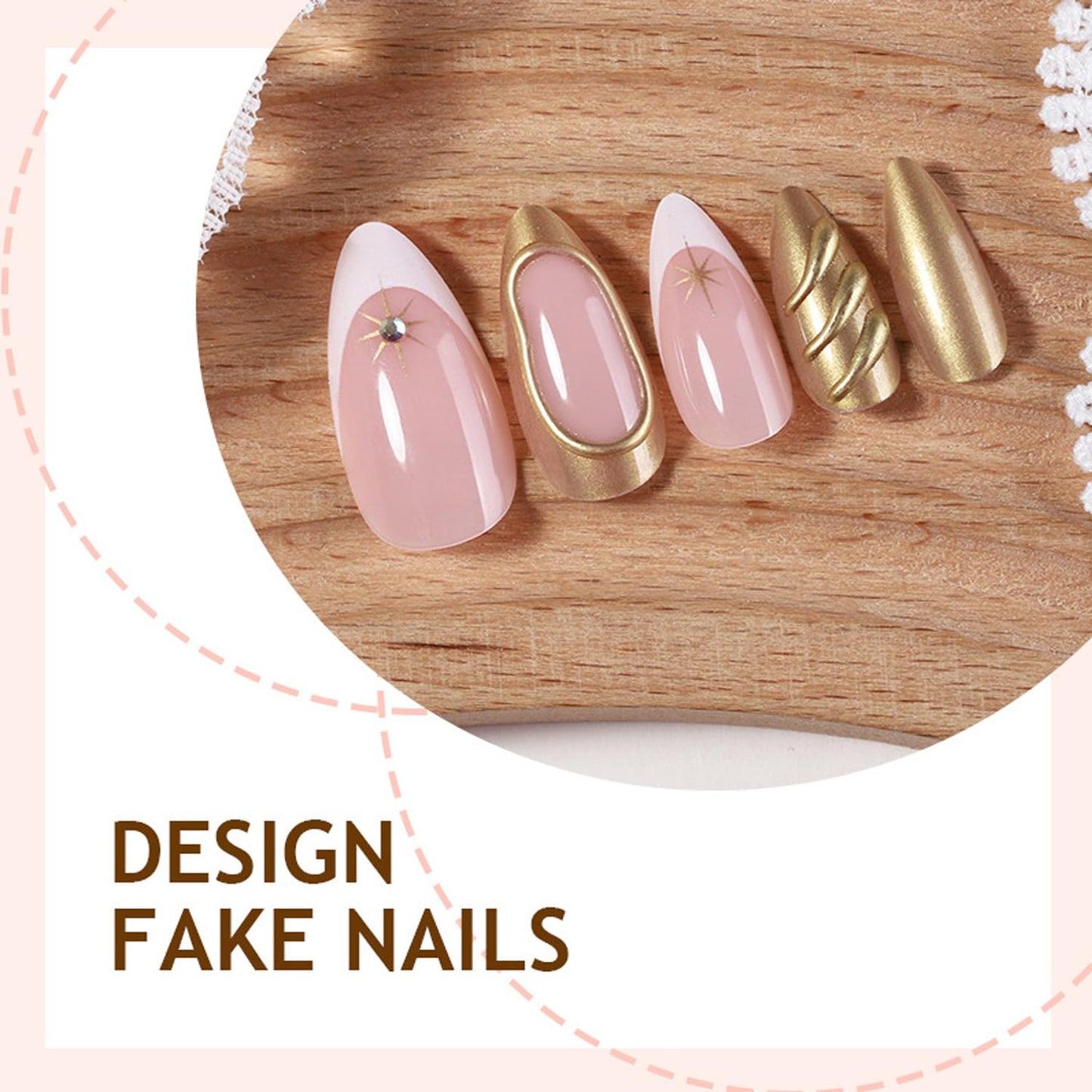 24Pcs Chrome Gold Press on Nails White French Medium Almond Fake Nails with 3D Rhinestone Design Gold Star False Nails Gilded Line Acrylic Nail Nude Glossy Full Cover Artificial Glue on Nail for Women