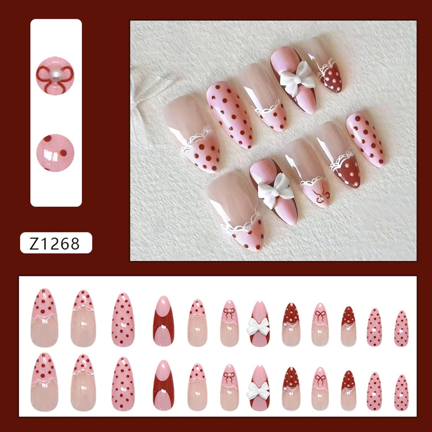 24Pcs Pink French Press on Nails Medium Almond Fake Nails Polka Dot, French Lace, Bow, Pearls Design French Nails 3D Cute Bows Press on Stick on Nails for Women Daily Wear DIY Nails