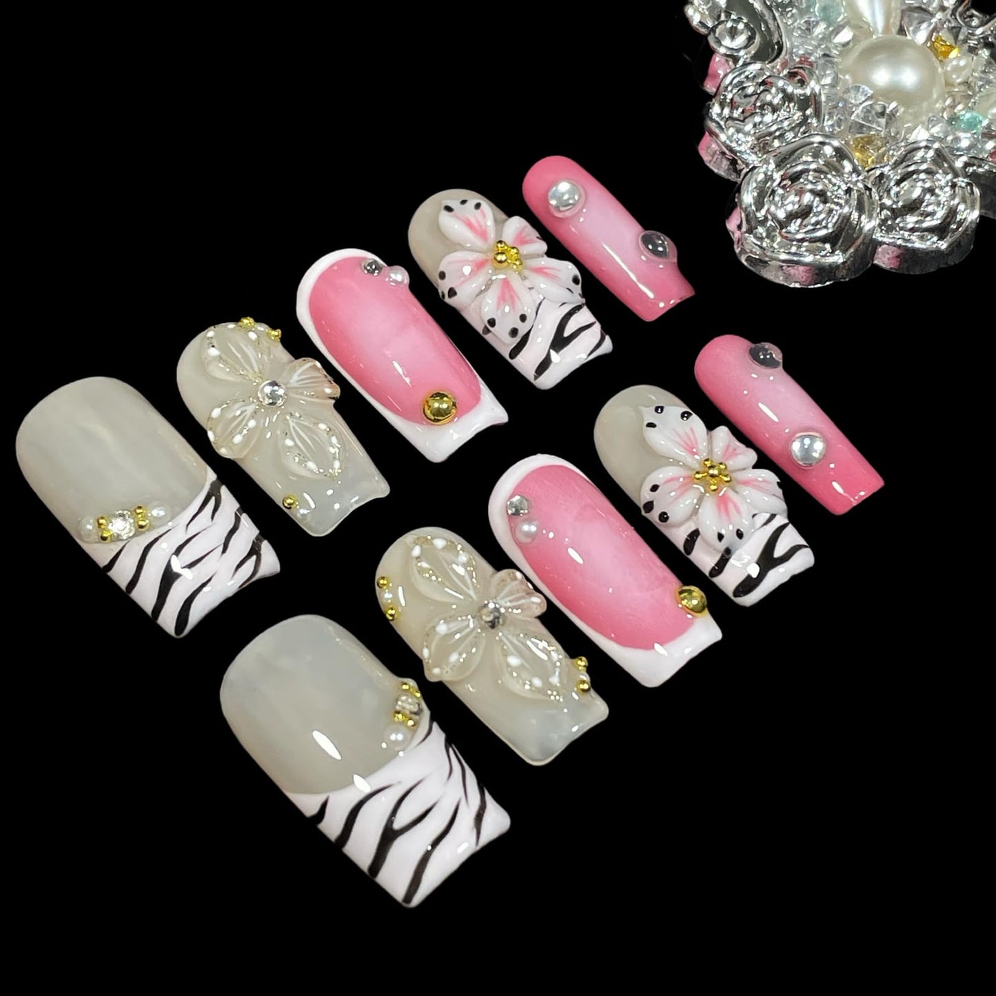 Handmade Press On Nails Short-Medium Square Bold Pink Zebra Stripes & 3D Floral | Glitter Flowers With Gold Accent | Reusable Acrylic Fake Nails for Parties & Daily (Pink Zebra, S)