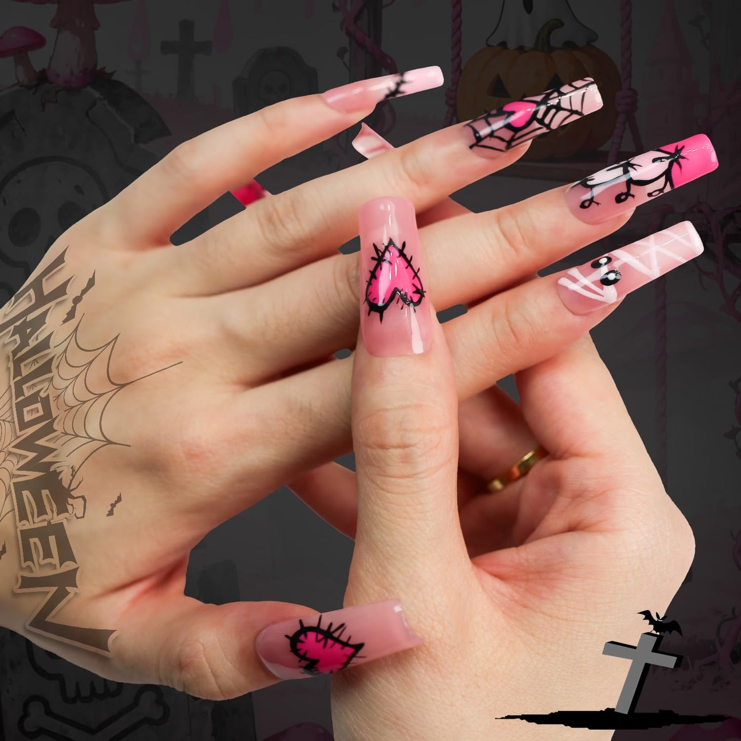 Yacey Halloween Handmade Press on Nails Long Coffin, Spider Web Design Reusable Muti-Gel False Nails Press Ons, French Thick Acrylic Fake Nails, Cute Ghost Glue on Nails for Women Girls (10 Pcs, M)