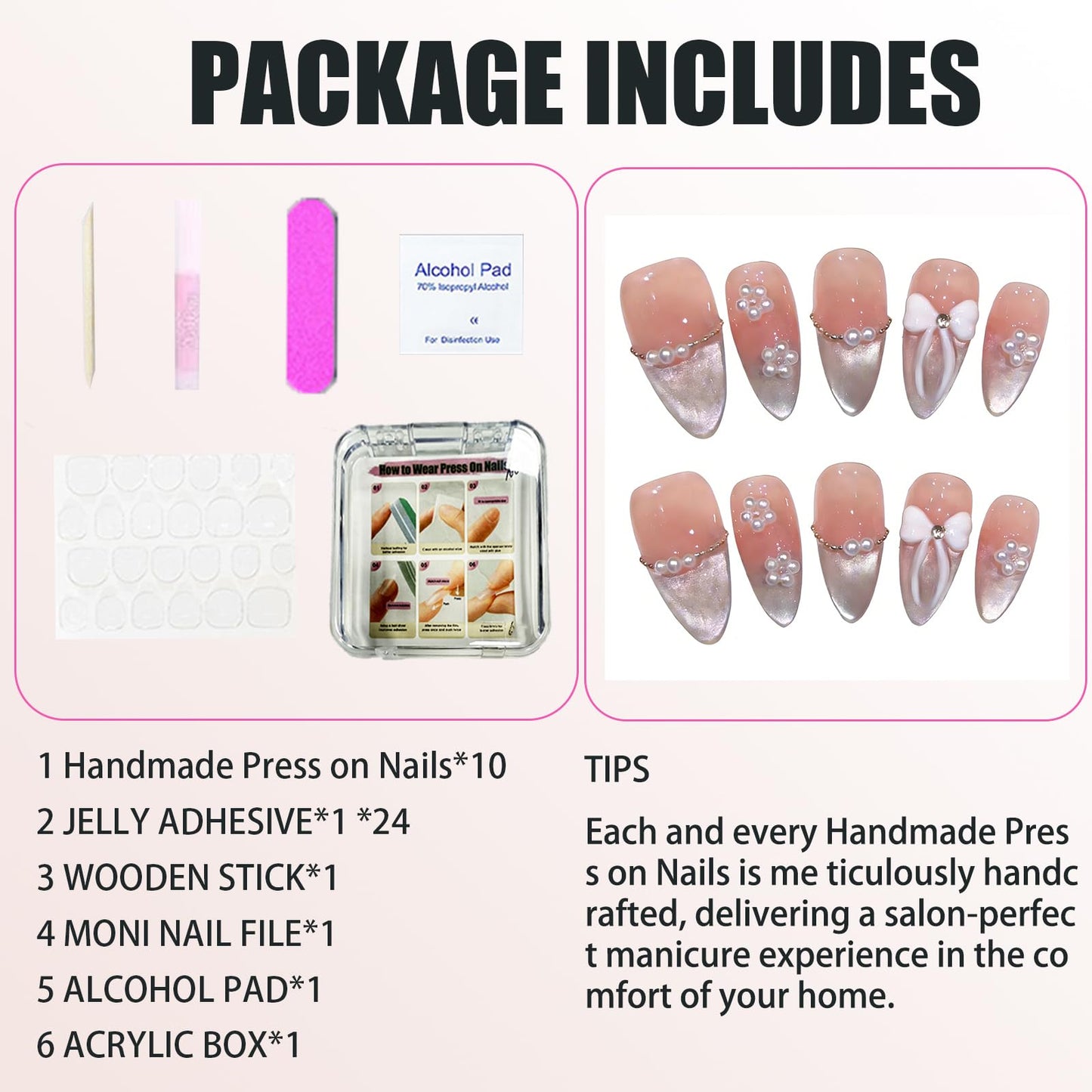 Handmade Press On Nails-3D Almond Cute Bow Cream White And Nude Colors,Wedding Prom And Festival Gift,Thick Acrylic and Muti-Layer Gel Reusable False Nails (L)