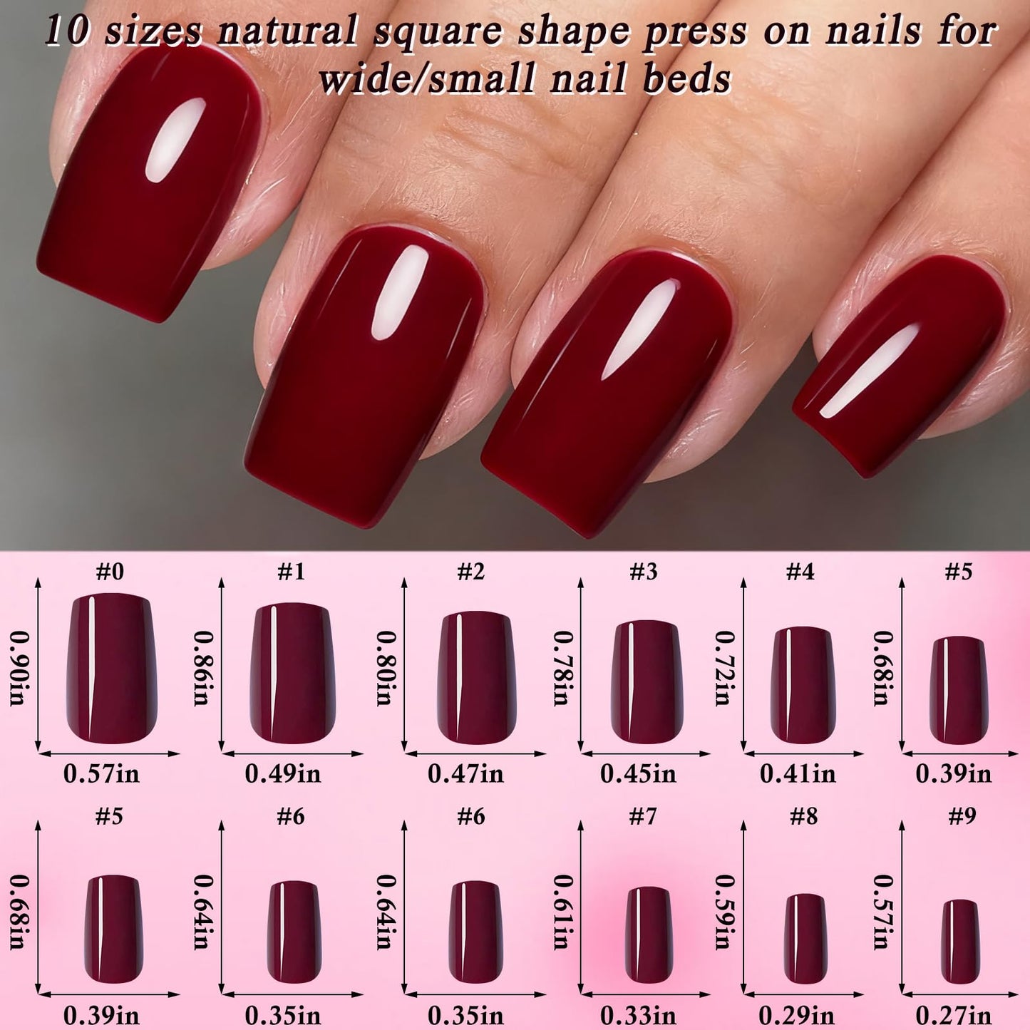 LoveOurHome 240pc Christmas Wine Red Press on Nails Medium Square Fake Nails Press ons Square Nail Tips Gel False Nails Presson Artificial Fingernails & Glue Adhesive Tabs Women Girls Manicure Decor
