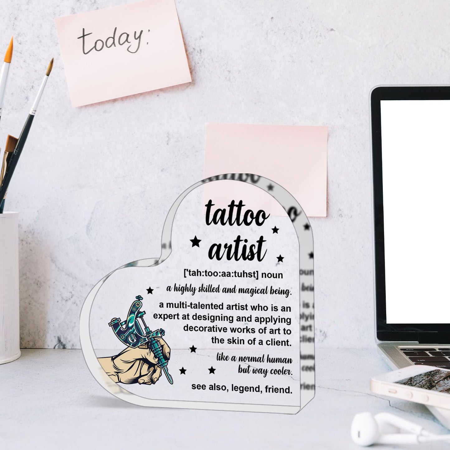 ZsaTuiy Tattoo Artist Gift for Women Men,Inspirational Gifts for Women,Thank You Gifts for Tattoo Artist,Heart Shaped Acrylic Desk Decorative Sign for Home Office,Birthday Thank You Gifts