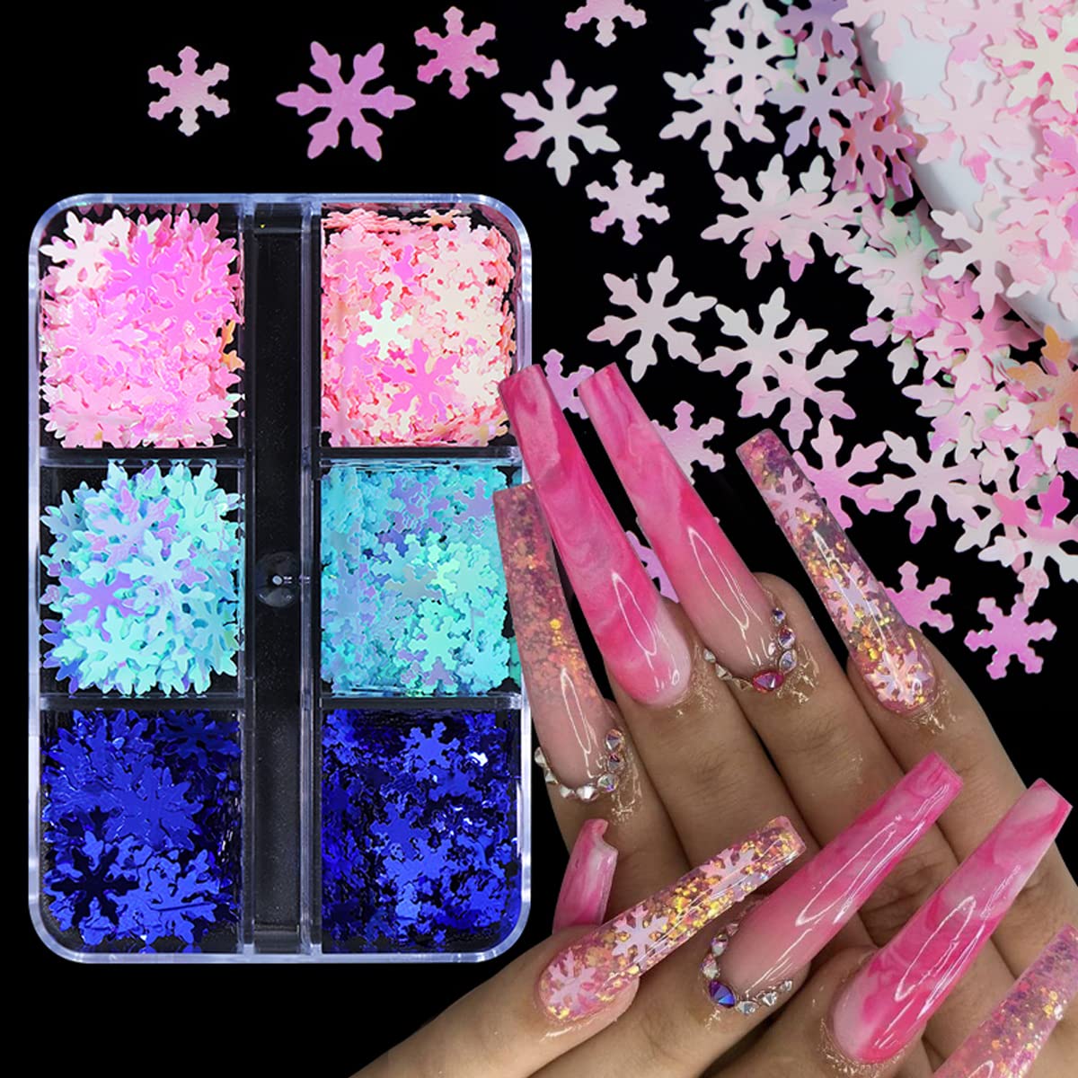 Christmas Nail Art Stickers Decals - 6 Grids Blue Snowflake Glitter Sequins - Xmas Snow flakes Nail Art Decoration for Nails Pink Snowflakes Winter Christmas Nail Supplies for Professional Accessories