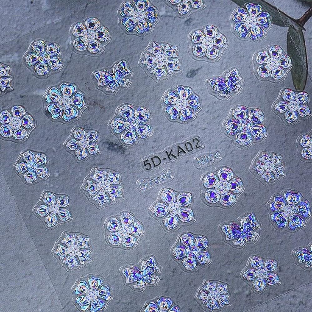 2 Sheets 5D Embossed Gold Nail Stickers 3D Self-Adhesive Golden Flower Nail Supplies Daisy Nails Designs Laser Blue Floral Aurora Hibiscus Nails Decals for Women Girls DIY Manicure